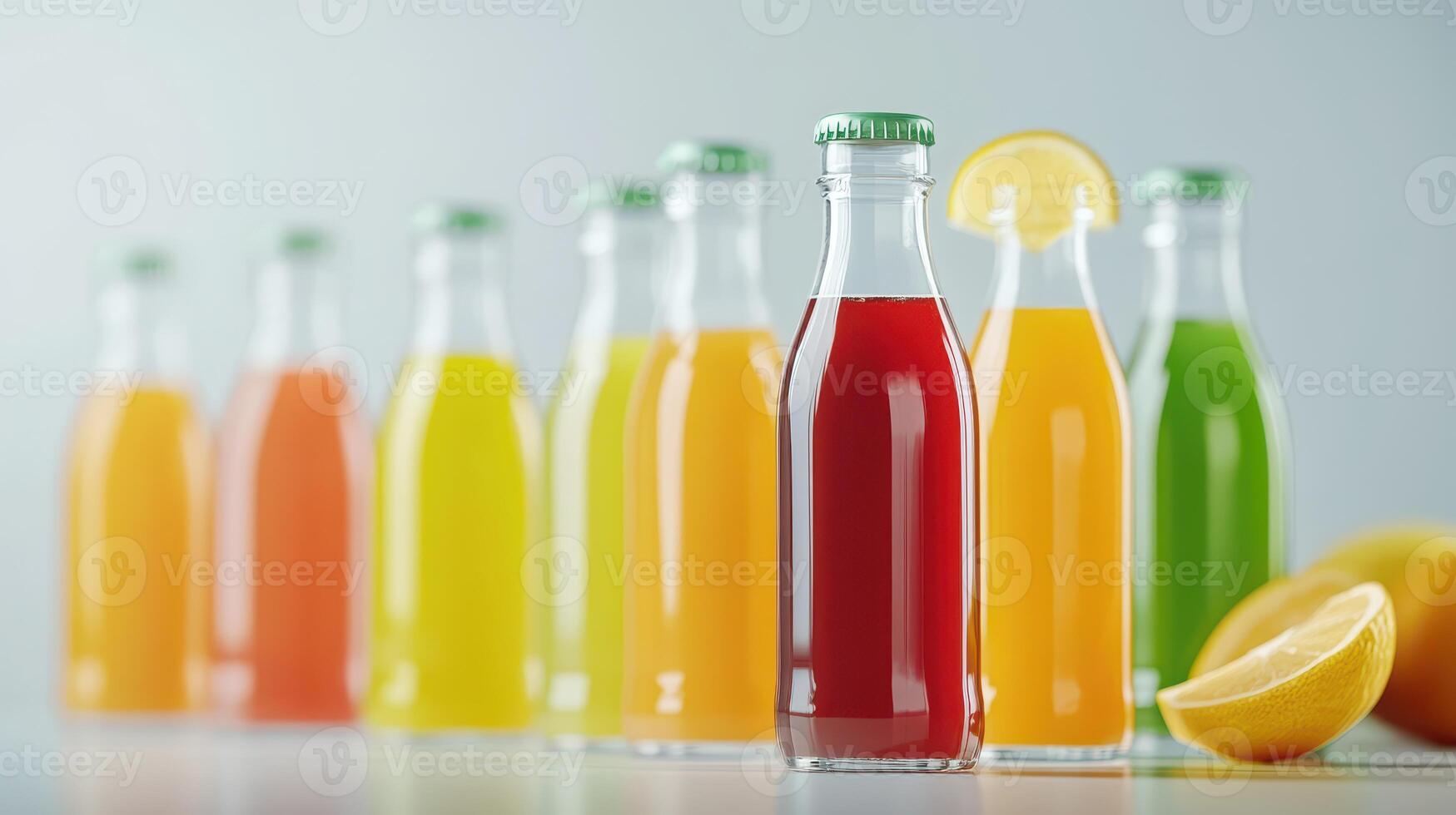 Colorful Assortment of Bottled Fruit Juices Displayed on Table With Fresh Citrus Fruits and Bright Background photo