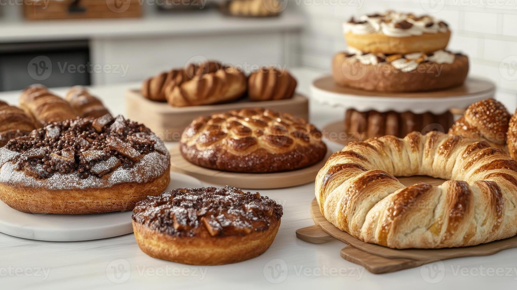 Assorted Freshly Baked Pastries Displayed on a Rustic Table in a Cozy Bakery Setting photo