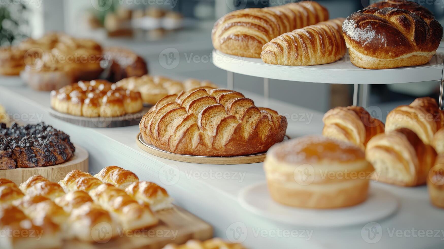 Delicious Assortment of Freshly Baked Pastries and Breads on Display at a Bakery photo