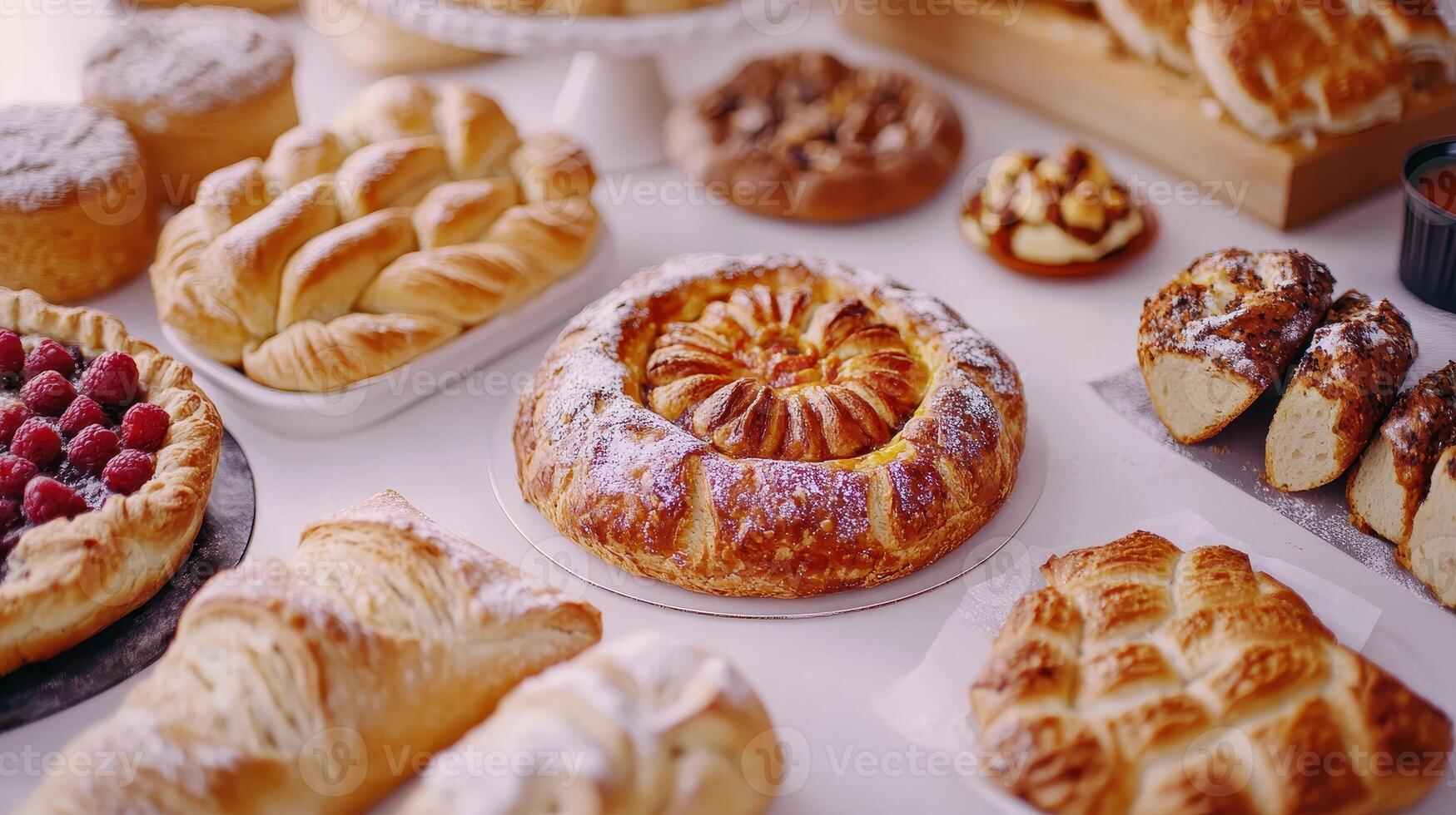 Assorted Freshly Baked Pastries and Breads Displayed on a White Table in a Bright Bakery photo