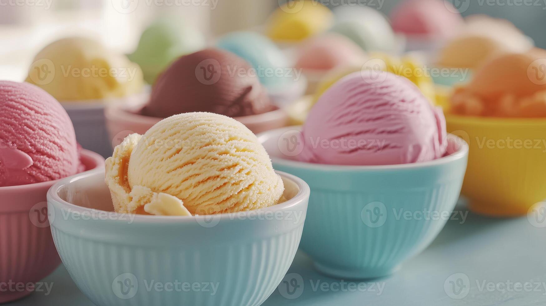 Colorful Bowls of Ice Cream Displayed on a Light Blue Table During a Sunny Afternoon Gathering photo