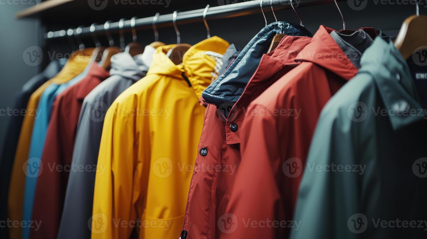 Colorful Raincoats Hanging on Hangers in a Clothing Store Display During Daytime photo