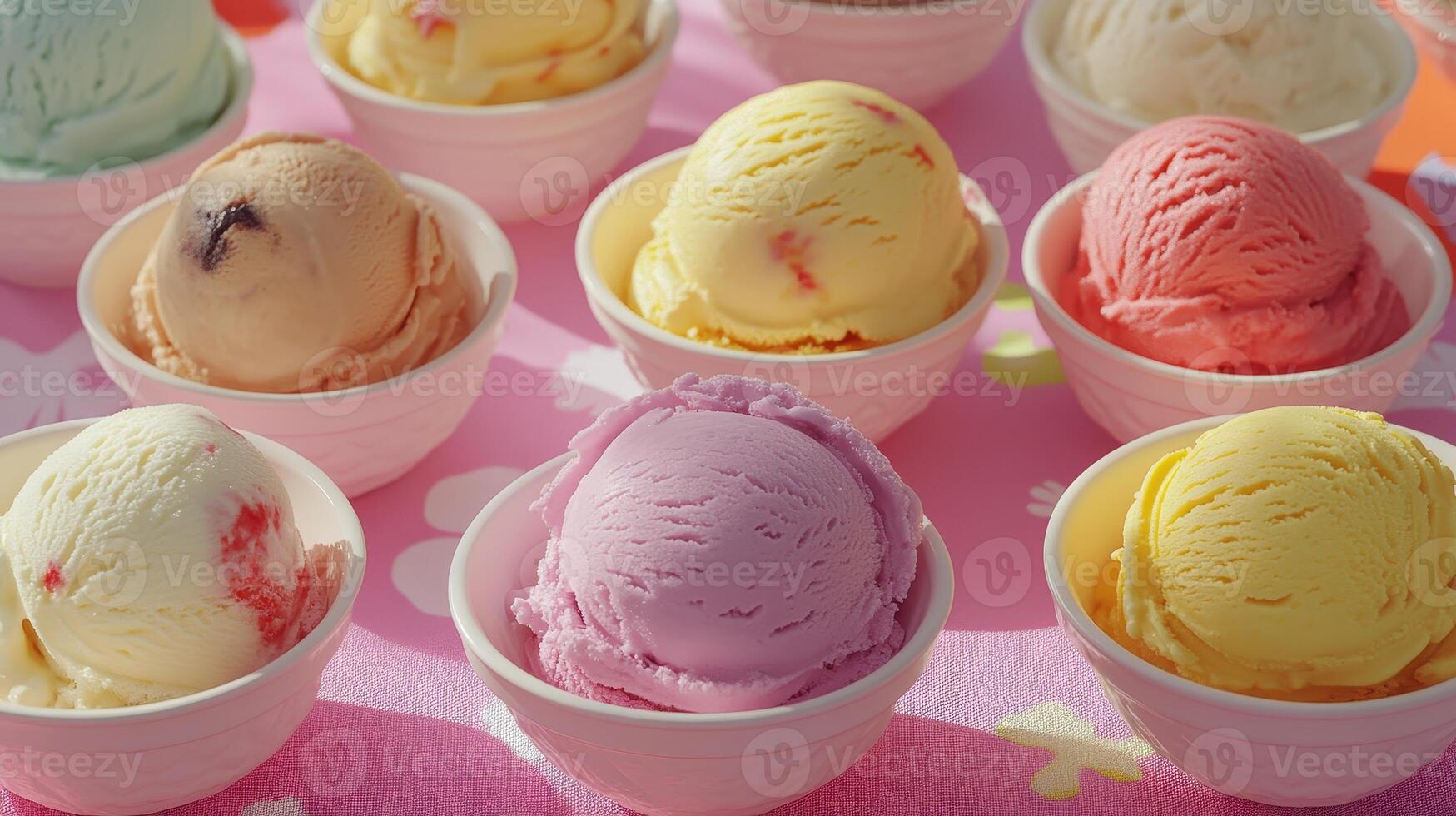 Colorful Ice Cream Scoops Displayed in Bowls on a Pink Tablecloth During a Sunny Day photo