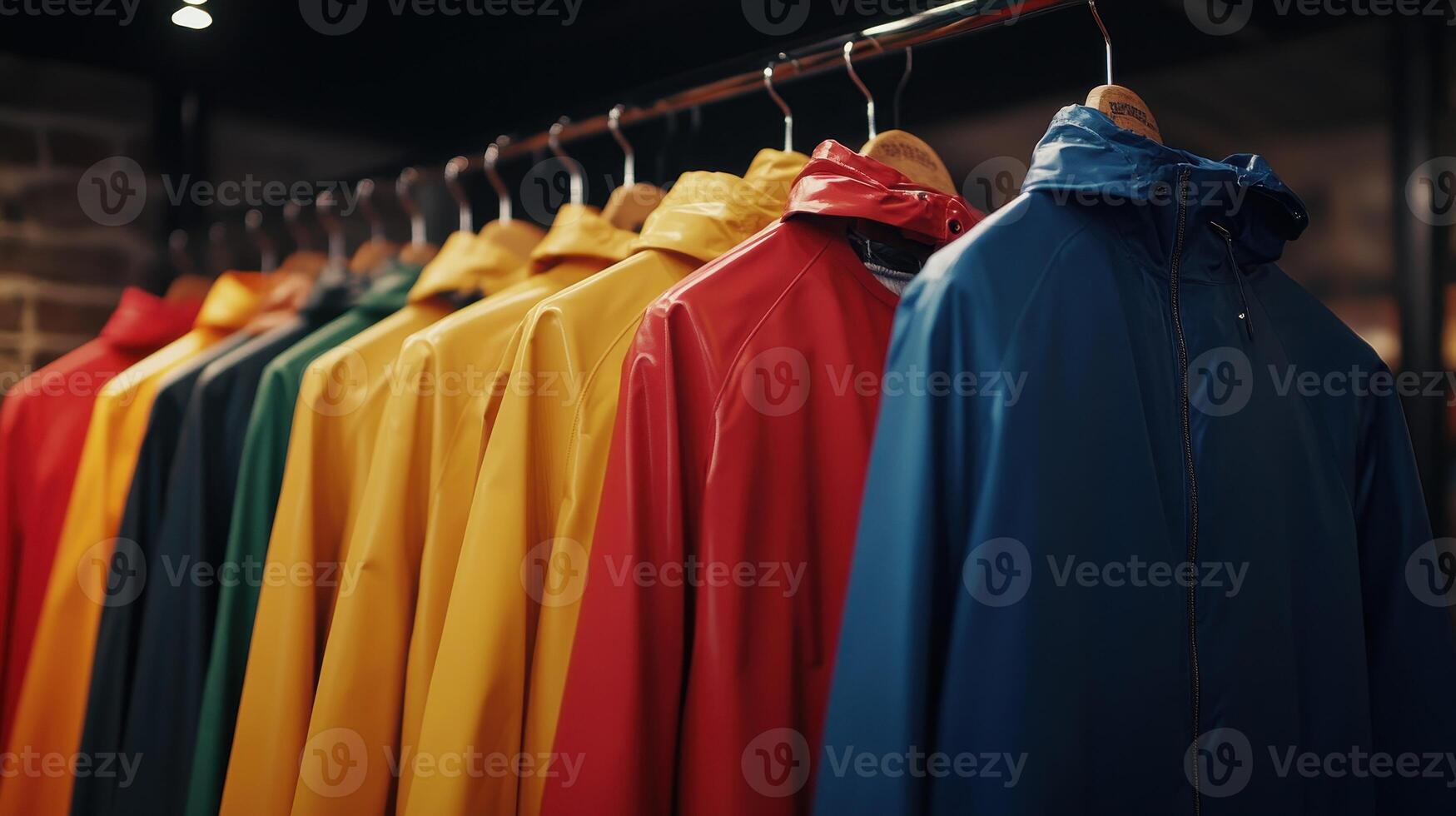 Colorful Raincoats Hanging in a Boutique Display During a Cloudy Day in Autumn photo