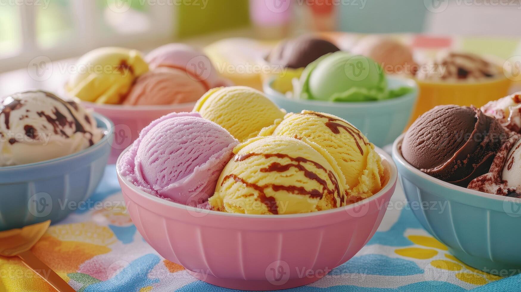 Colorful Bowls of Ice Cream Displayed on a Table During a Summer Gathering With Friends photo