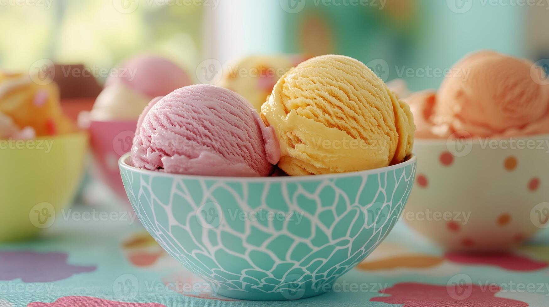 Colorful Ice Cream Scoops in Bowls on a Bright Summer Day photo