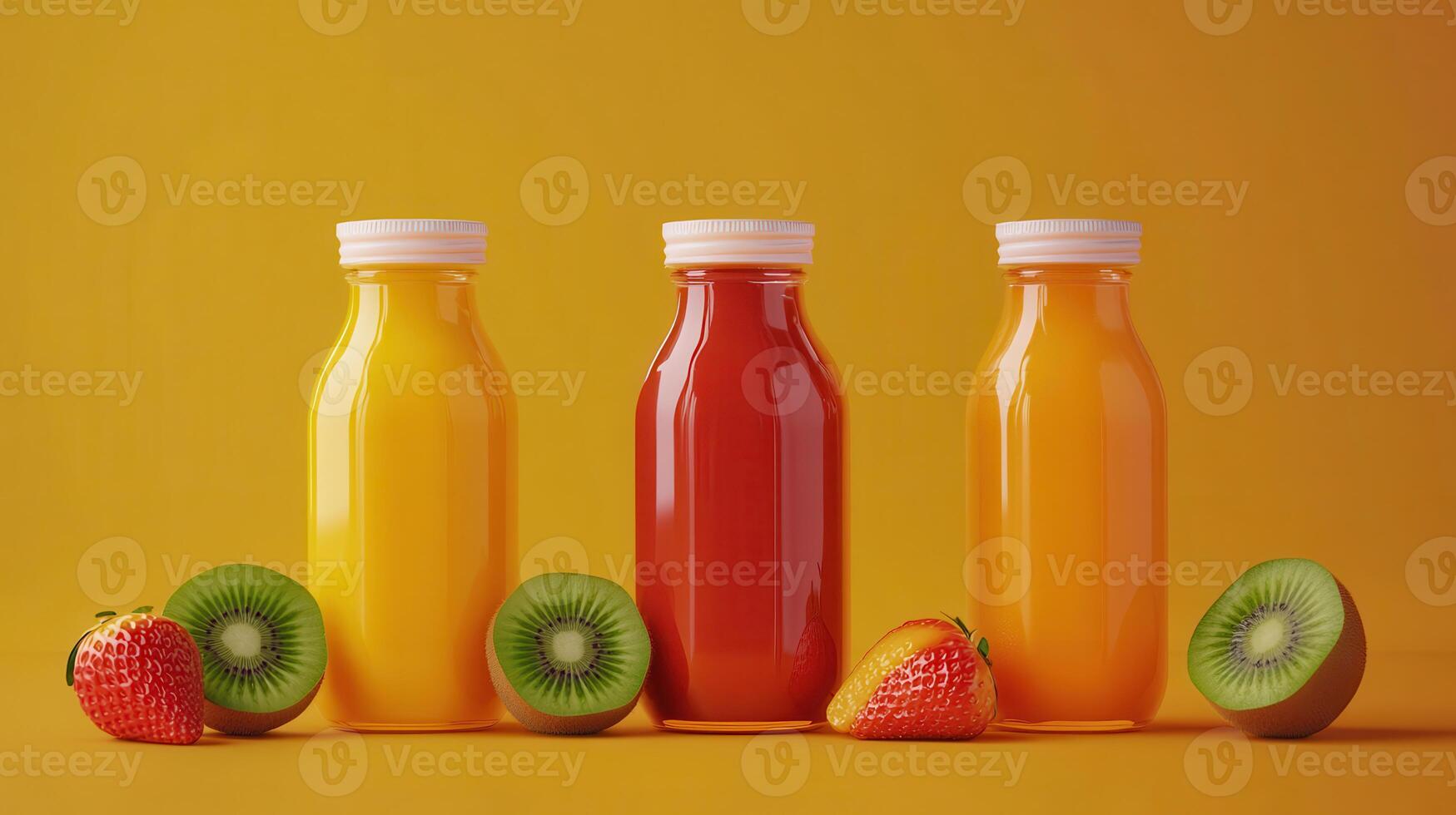 Colorful Bottles of Fresh Fruit Juices With Strawberries and Kiwi on Bright Yellow Background photo
