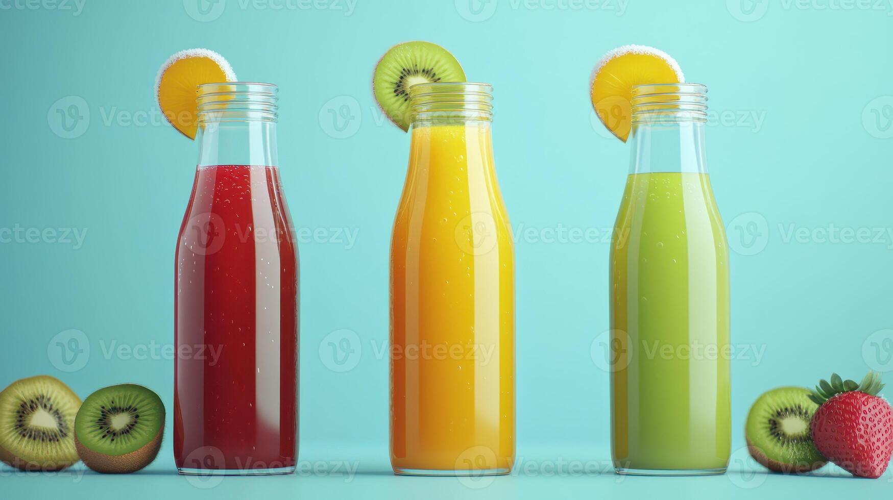 Vibrant Array of Freshly Squeezed Juices Displayed With Fruits Against Light Blue Background photo