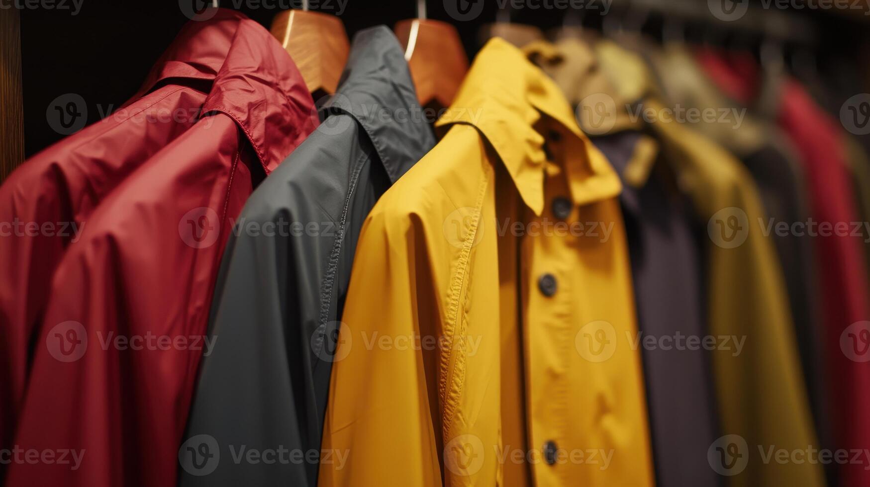 Colorful Collection of Rain Jackets Displayed in a Retail Clothing Store During the Fall Season photo