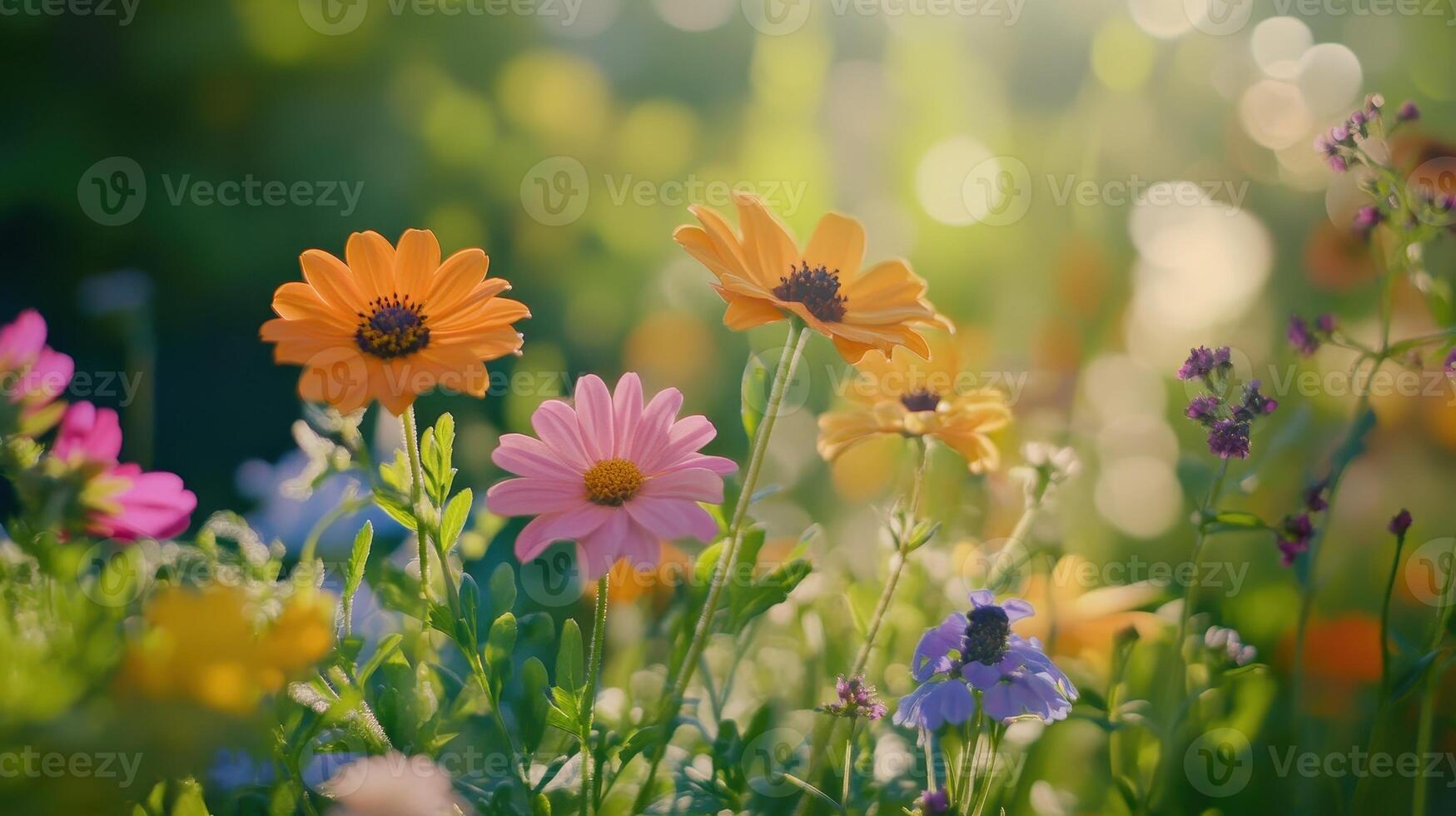 Colorful Wildflowers Blooming in a Lush Garden During Warm Spring Afternoon photo