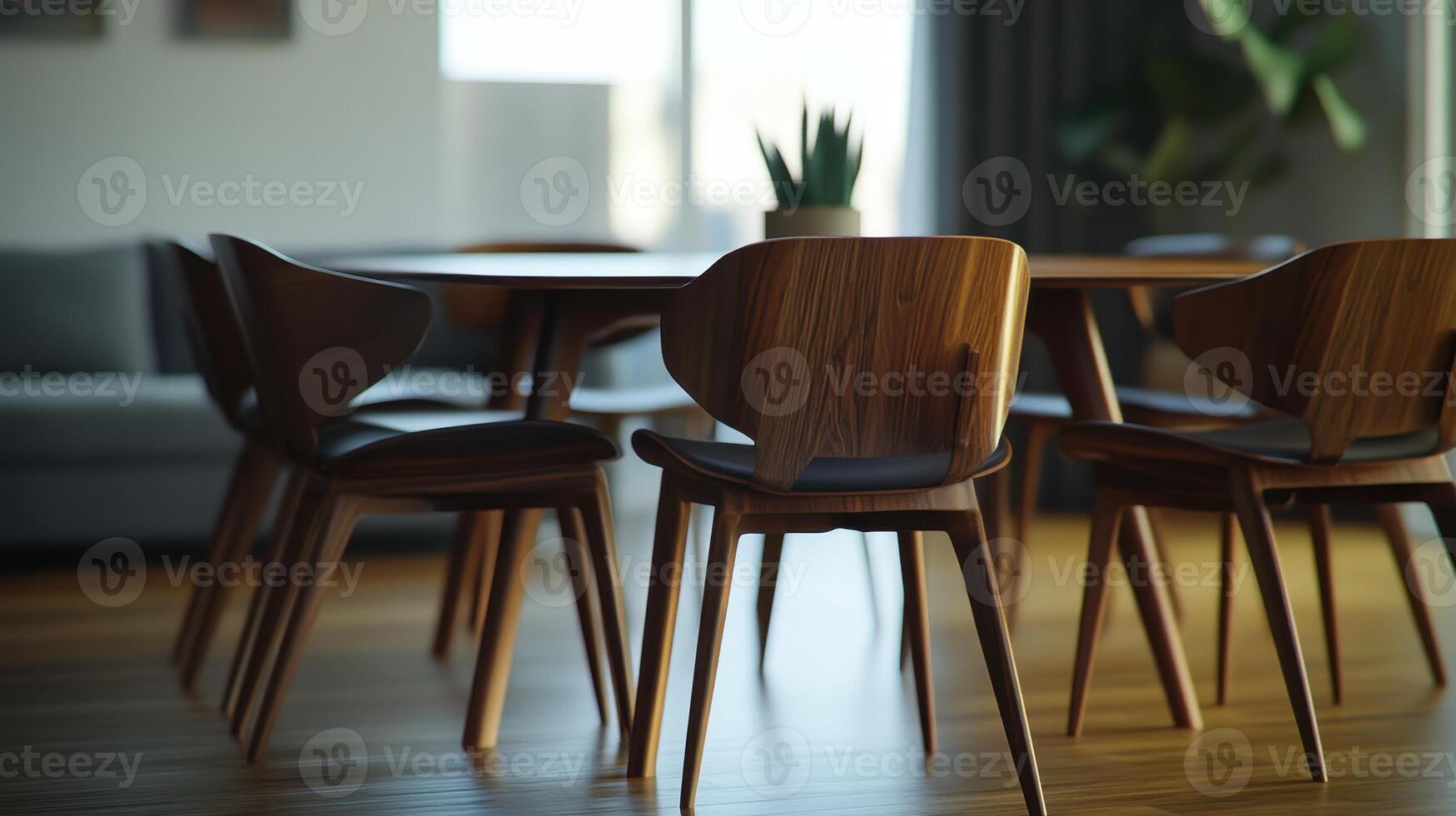 Elegant Wooden Dining Room Set With Chairs Near Large Window in Bright Modern Apartment photo