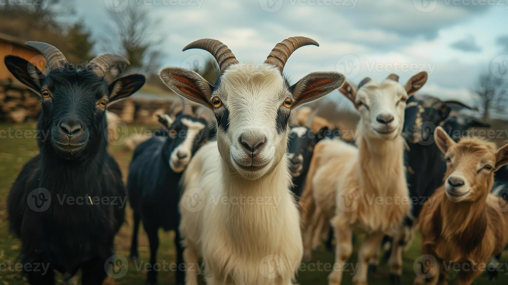 Group Of Farm Goats Grazing Together On An Autumn Afternoon In A Serene Countryside Setting photo