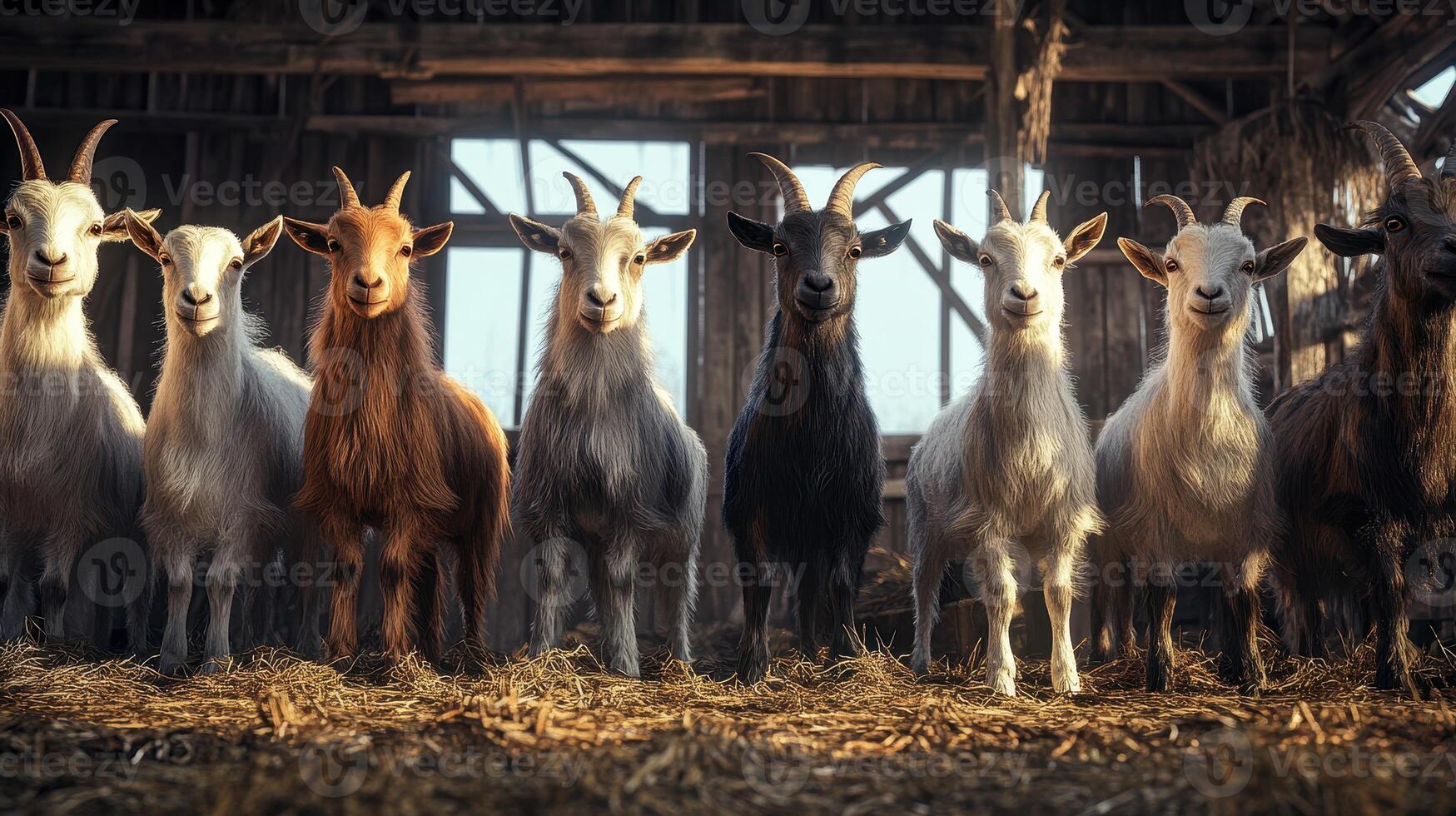 Goats Gathered in a Rustic Barn With Sunlight Streaming Through Windows at Dawn photo
