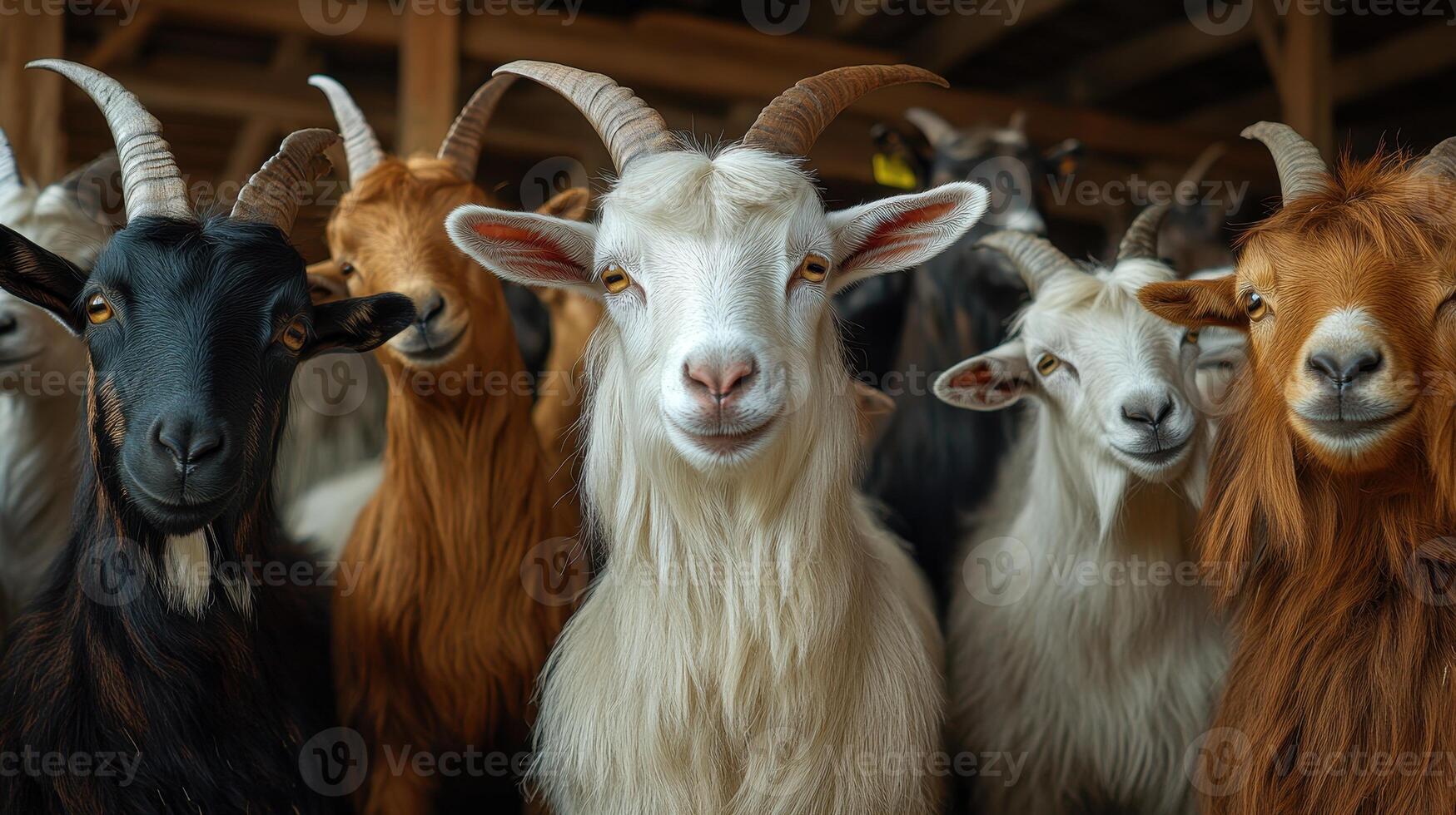 Group Of Friendly Goats Smiling Together Inside A Rustic Barn During Daylight photo