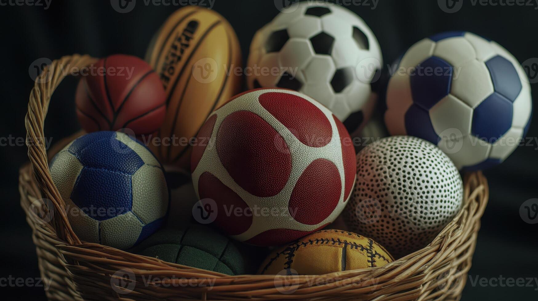 A Variety Of Sports Balls Gathered Together In A Woven Basket Displaying Different Textures And Patterns photo