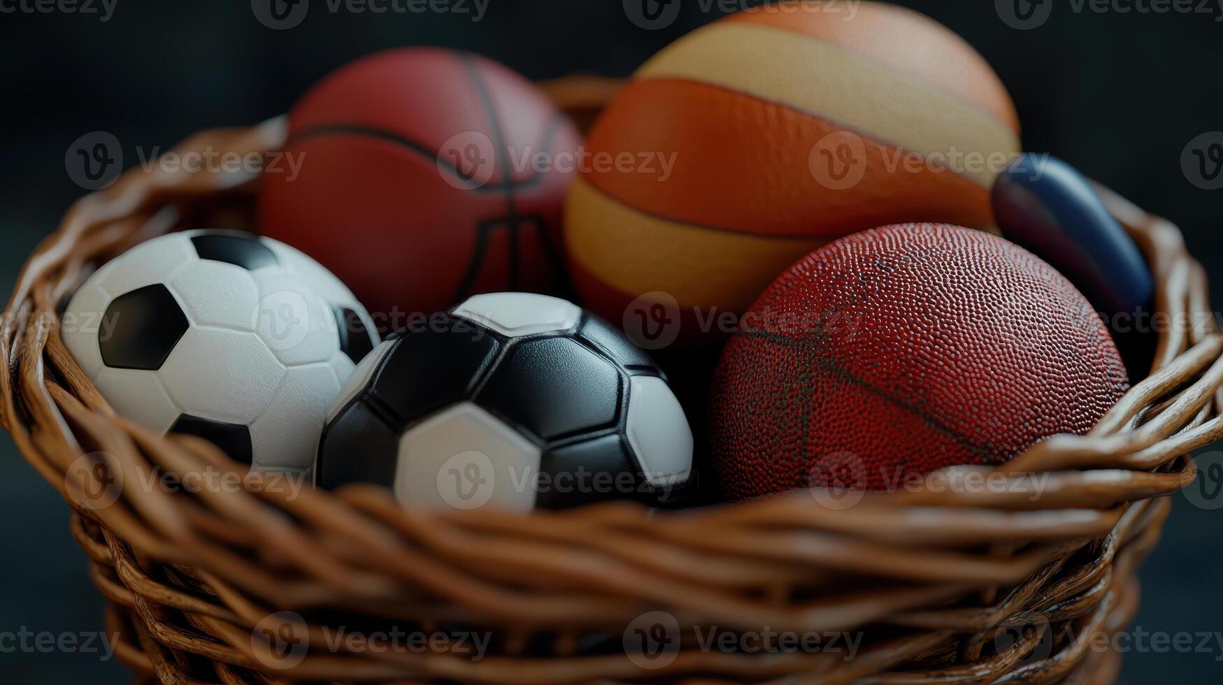 Collection of Various Sports Balls in a Wicker Basket at Home photo