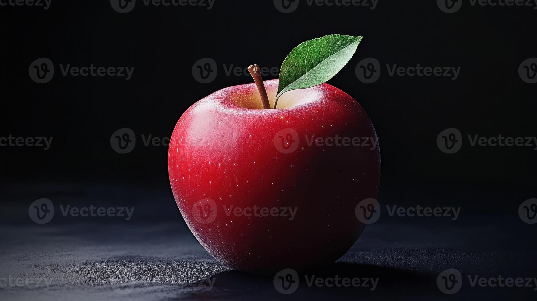 Fresh Red Apple With Leaf Displayed on Dark Surface in Soft Light photo