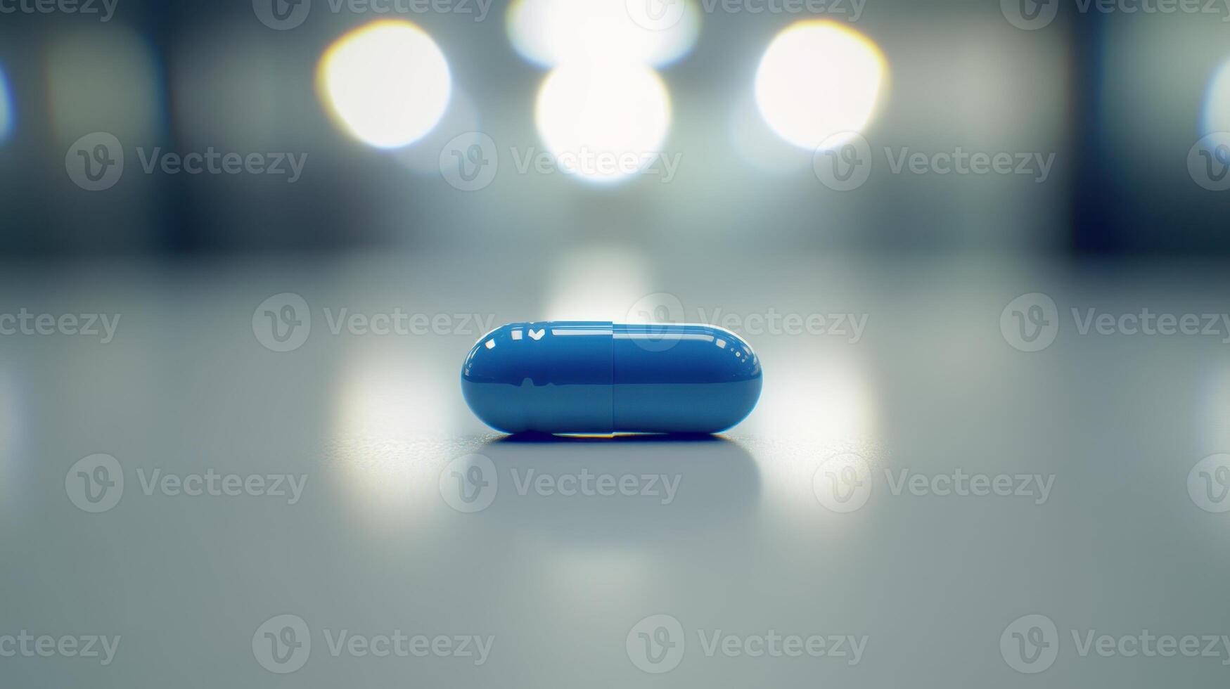 Bright Blue Capsule Resting on a Reflective Surface in a Clinical Environment With Soft Lighting photo