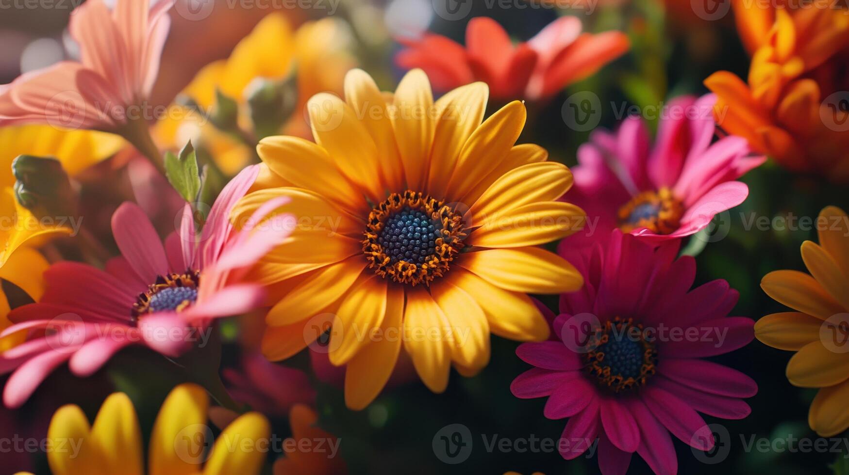 Vibrant Colorful Flowers Displayed in Bright Sunshine During Spring Bloom photo