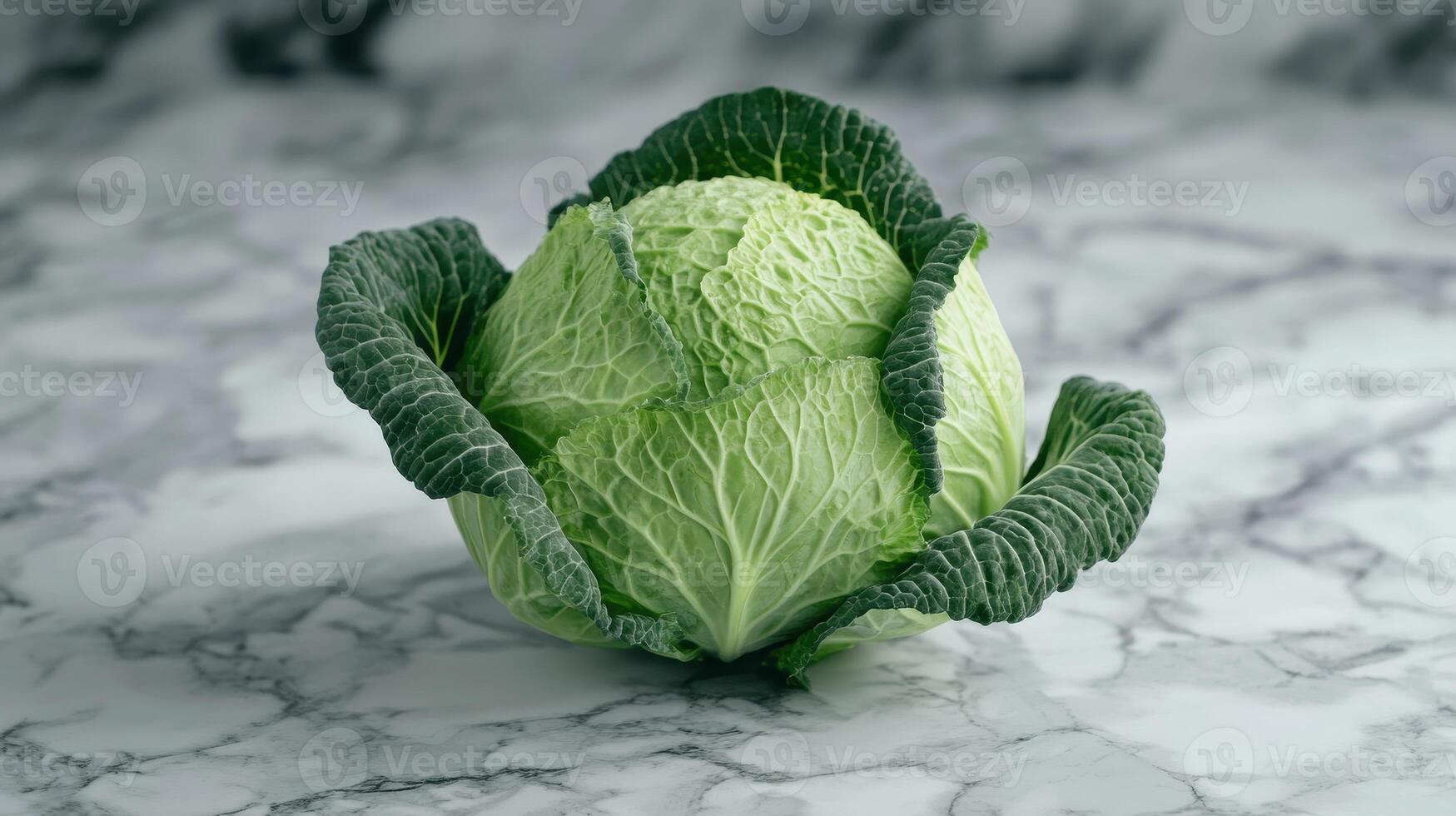 Fresh Green Cabbage Sitting on a Marble Surface in a Bright Kitchen Setting photo