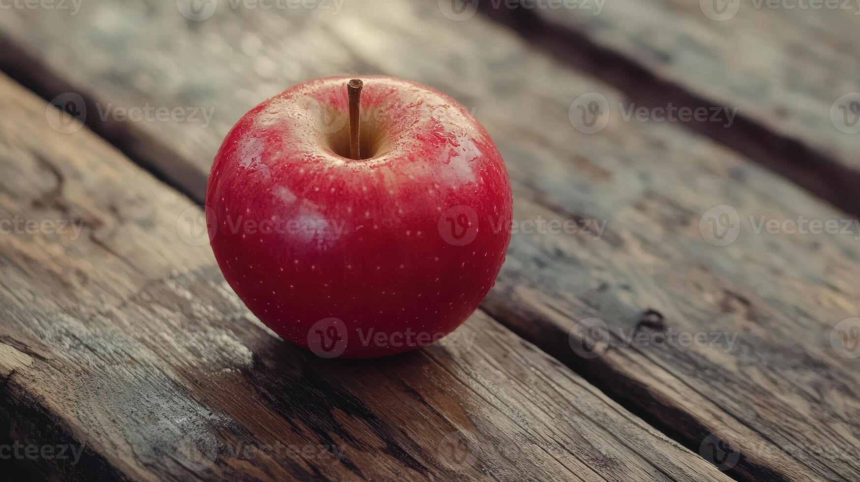 Fresh Red Apple Resting on Rustic Wooden Table in Natural Light photo