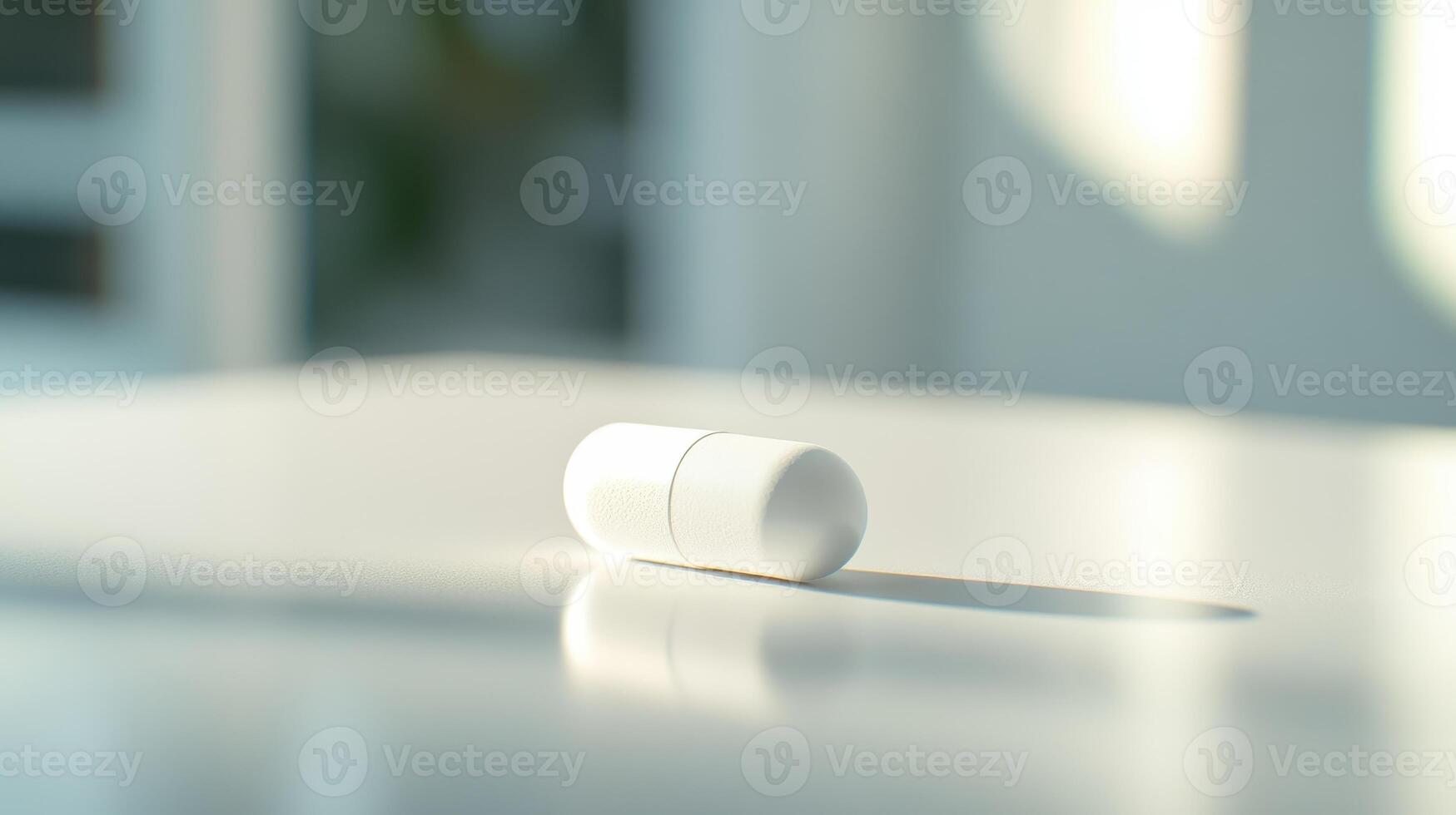 Simple White Capsule on a Sunlit Table in a Modern Room During Daylight Hours photo