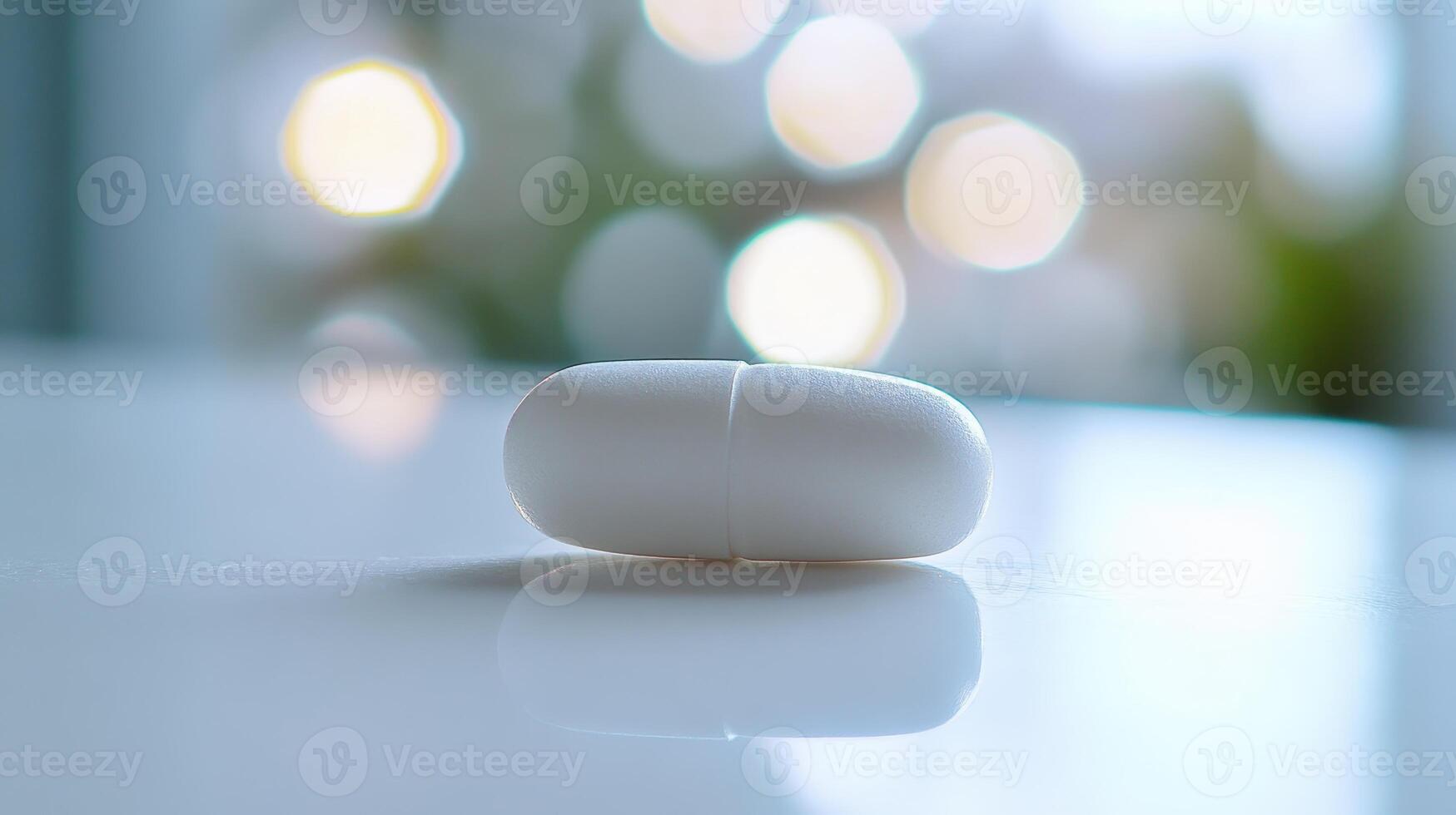 Close-Up of a White Capsule on a Reflective Surface With Soft Background Lights in a Well-Lit Room photo