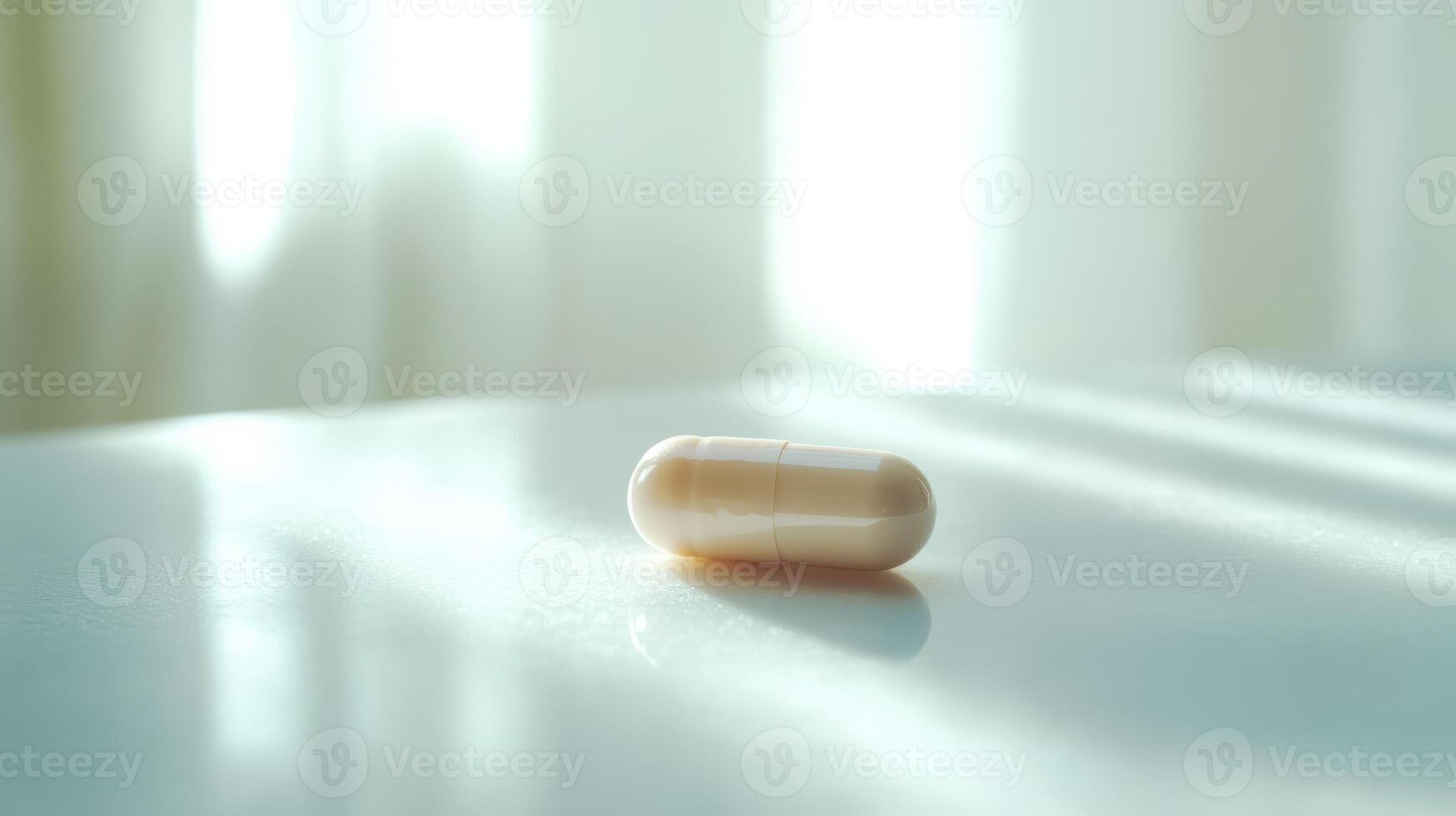 Light Filtering Through Sheer Curtains Illuminates A Single Capsule On The Table photo