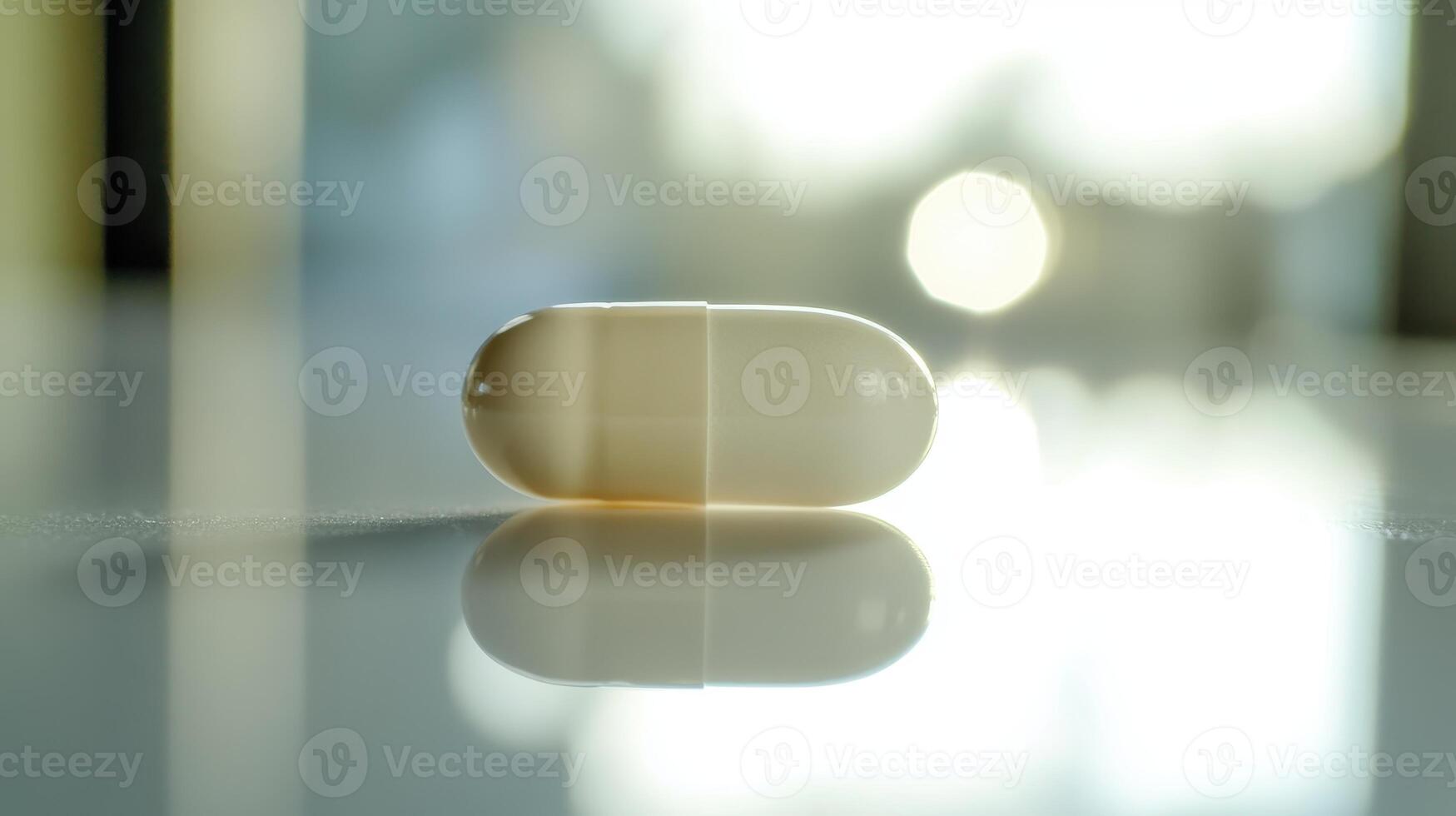 Close-Up Of A Single Capsule Resting On A Smooth Surface With Sunlight Background In A Bright Room photo