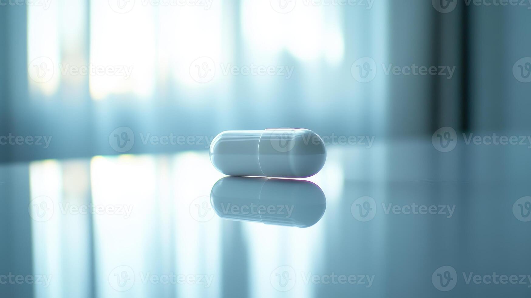 Close-Up of a White Capsule on a Reflective Surface With Soft Morning Light Streaming Through Curtains photo