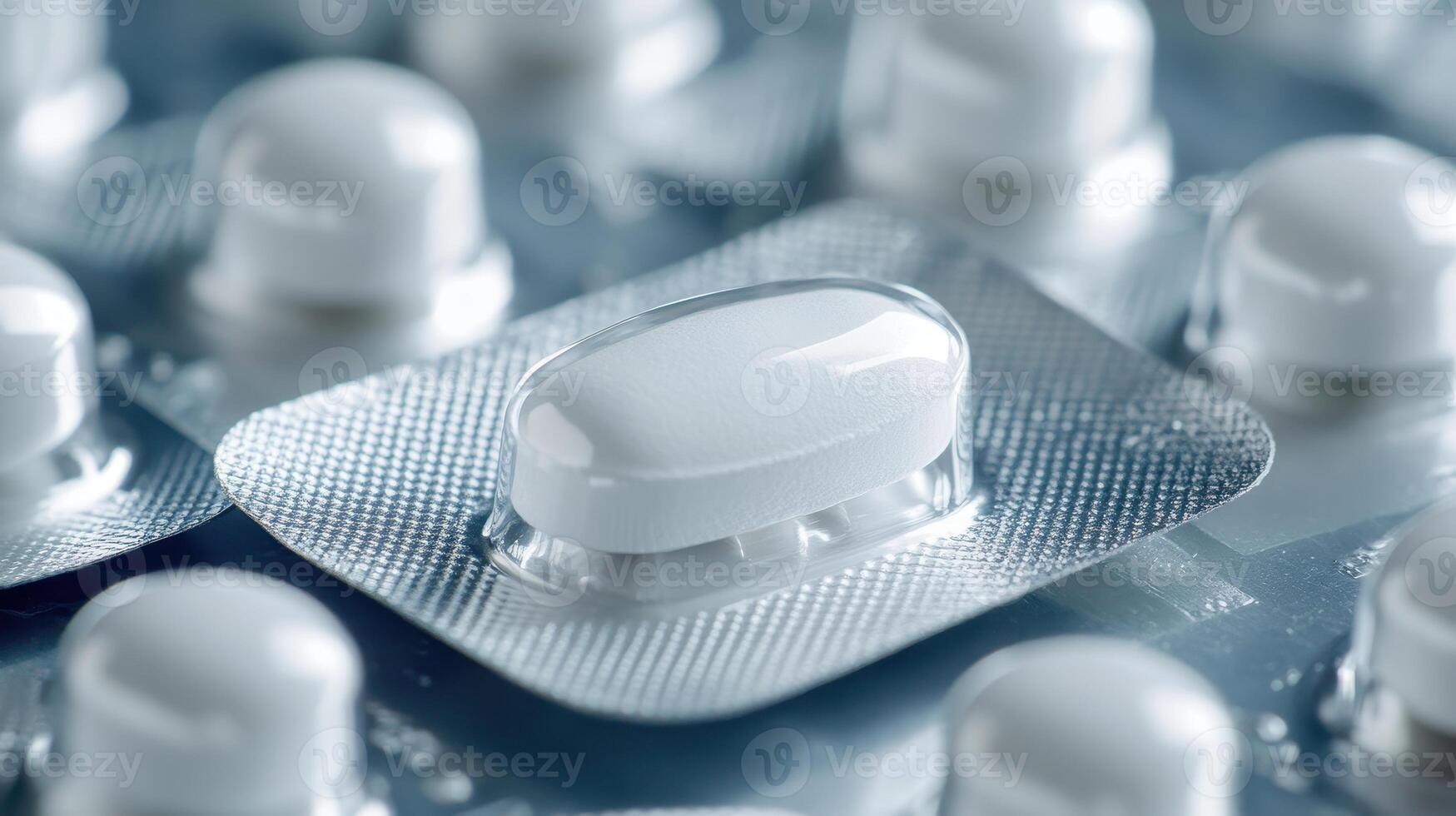 Close-Up View of Prescription Medication Blister Pack With One Pill Exposed Against a Background of Several Pills. photo
