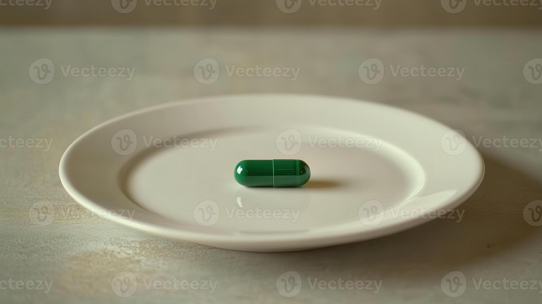 Single Green Capsule on White Plate Reflecting Soft Light in Minimalist Setting photo