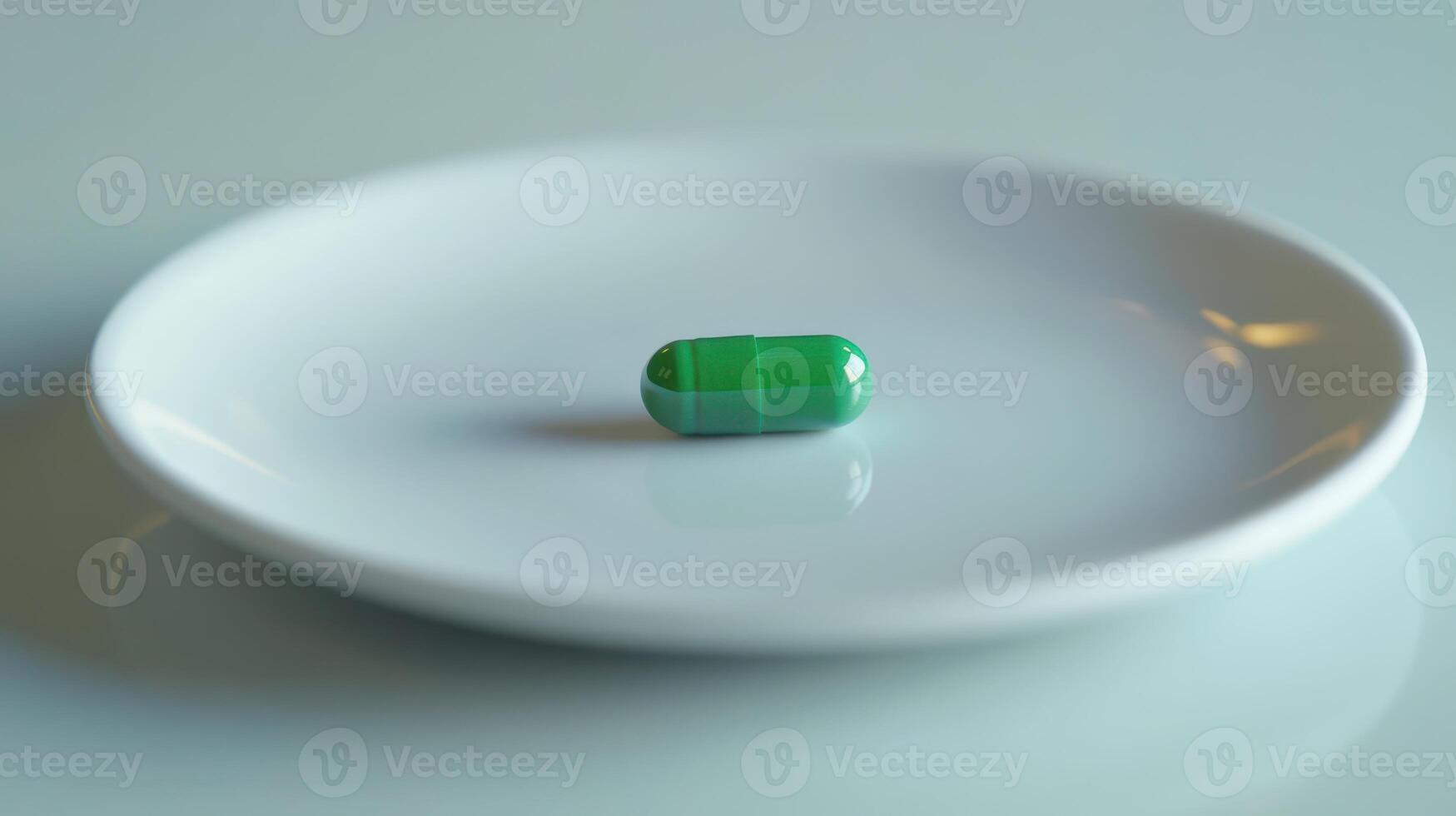 Green Capsule Resting on a White Plate With Soft Lighting in a Minimalist Setting During Daylight Hours photo