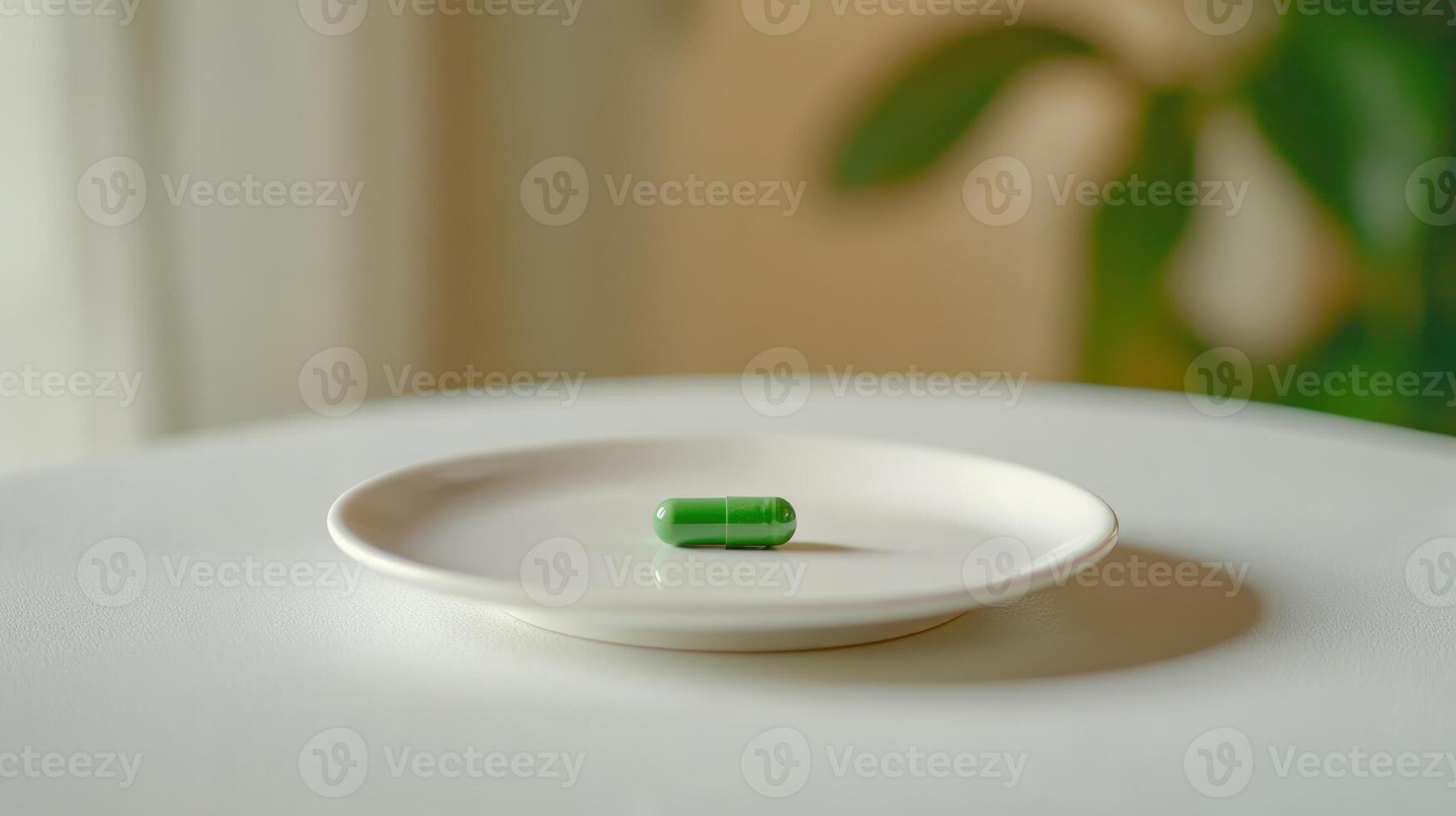 Green Capsule Resting on a White Plate in a Natural Light Setting With Plants in the Background photo