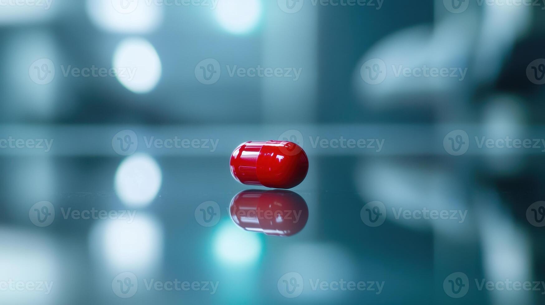 Bright Red Capsule Floating Above Glossy Surface in Modern Medical Setting During Daytime photo