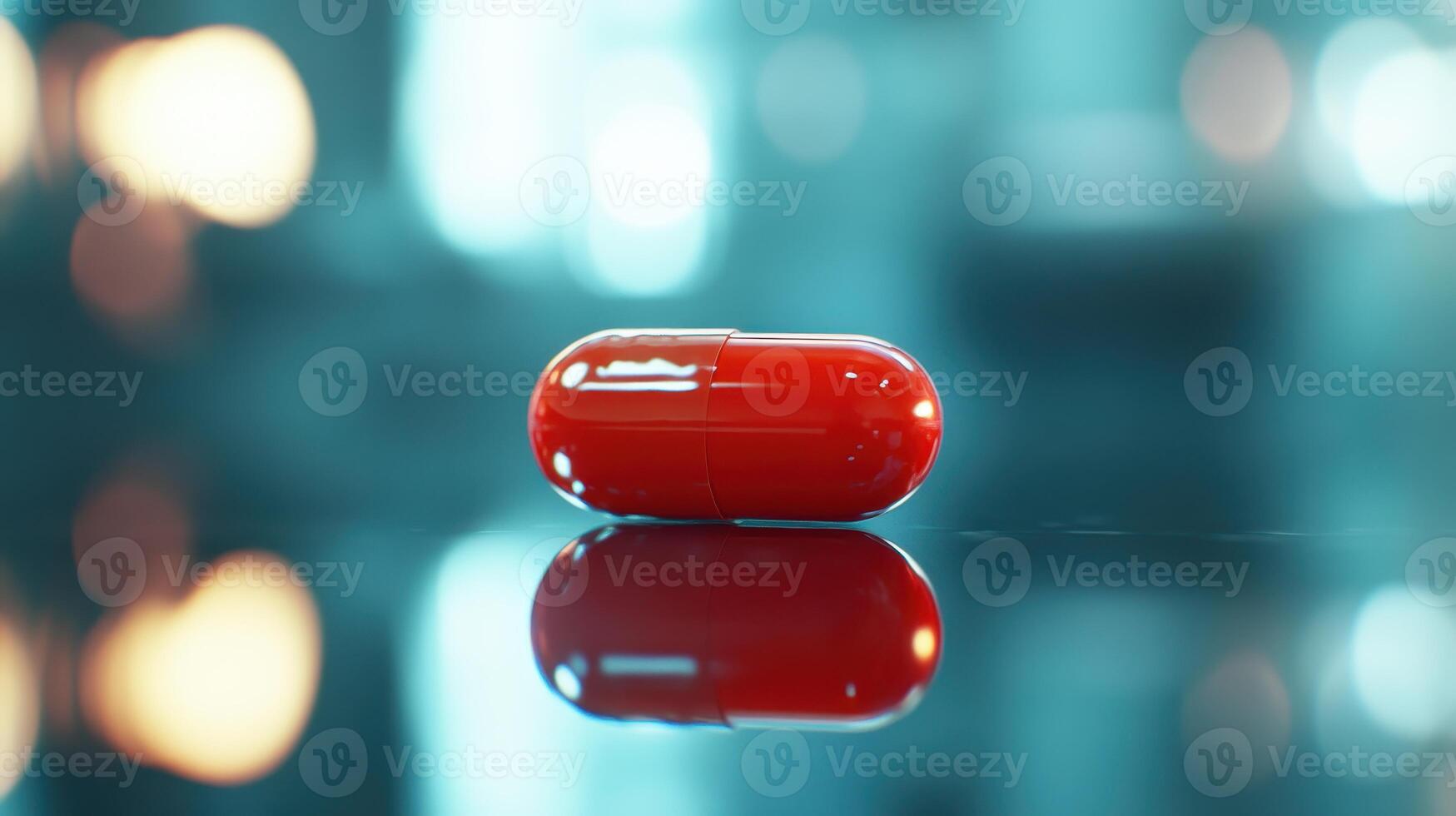 Bright Red Capsule Resting on Glossy Surface in Softly Lit Laboratory Environment photo