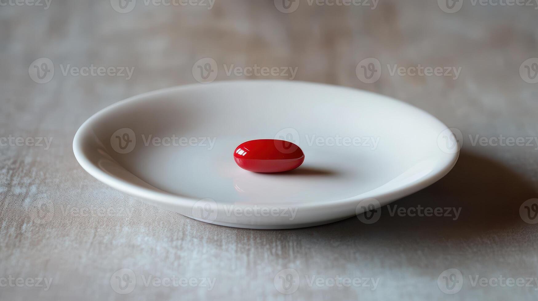 Single Red Capsule Positioned On A White Dish Against Light Wooden Background photo