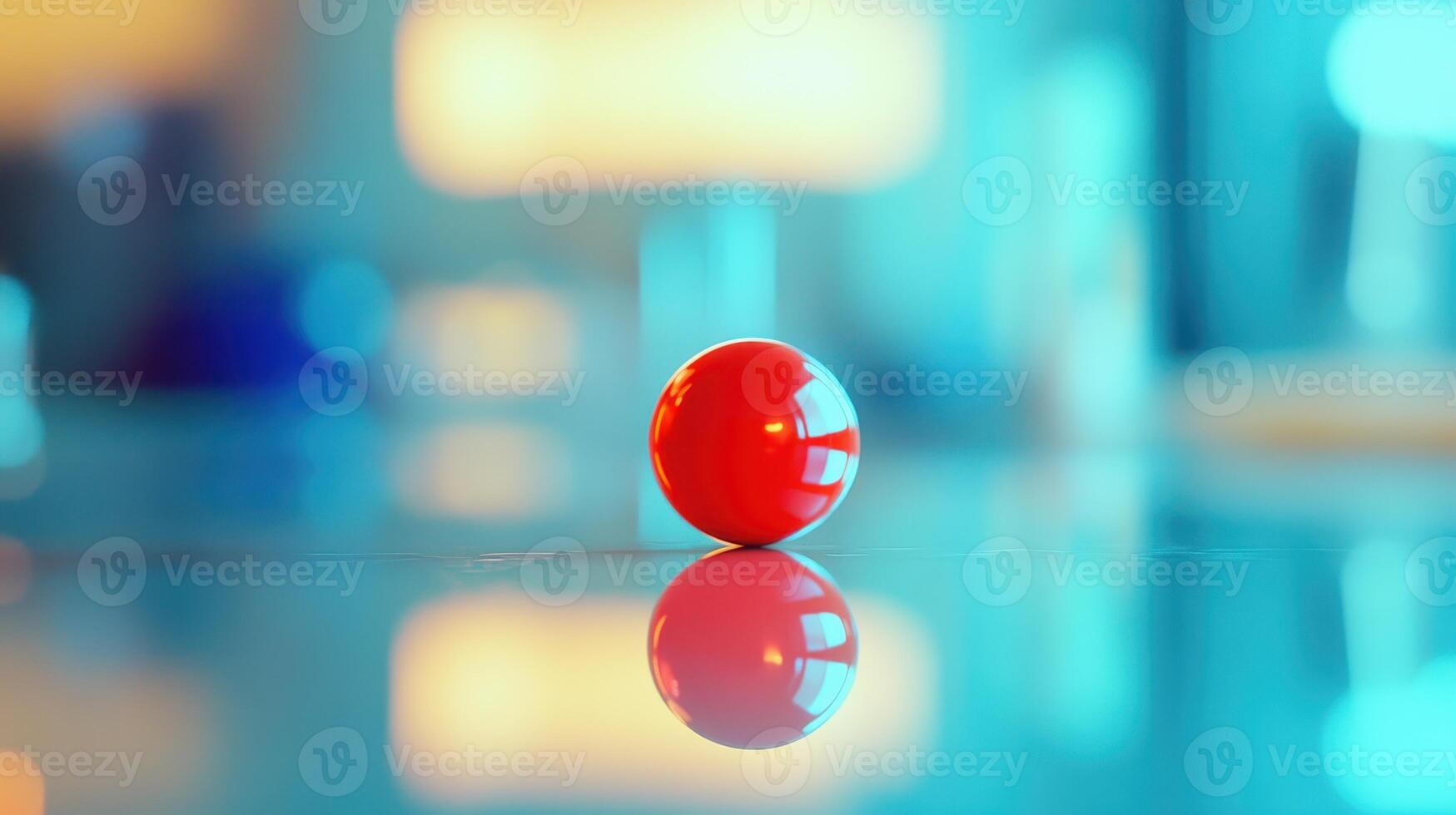 A Single Vibrant Red Ball Reflecting Light on a Smooth Surface in a Bright, Modern Workspace photo