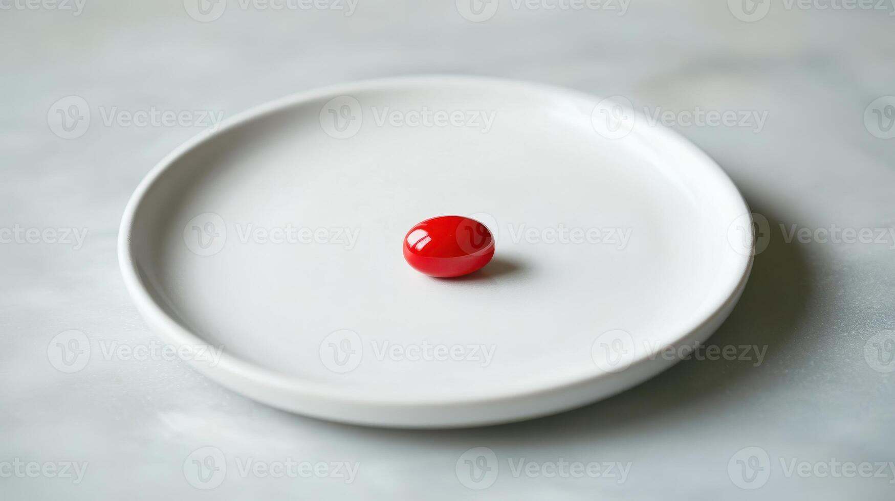 Single Bright Red Capsule Centered on a White Plate Surrounded by Subtle Textured Surface photo