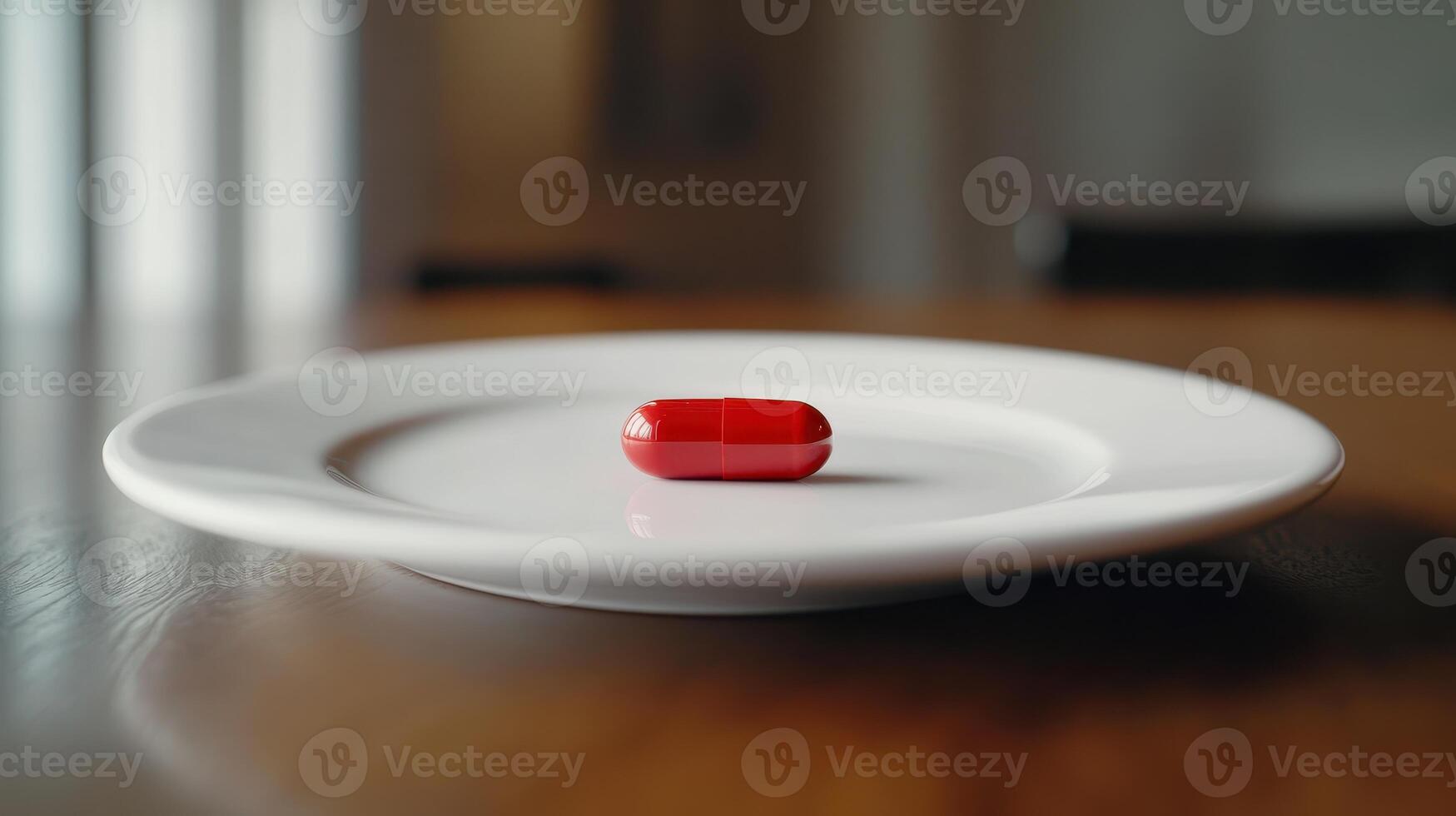 Bright Red Capsule Resting on White Plate in Minimalistic Indoor Setting During Daytime photo