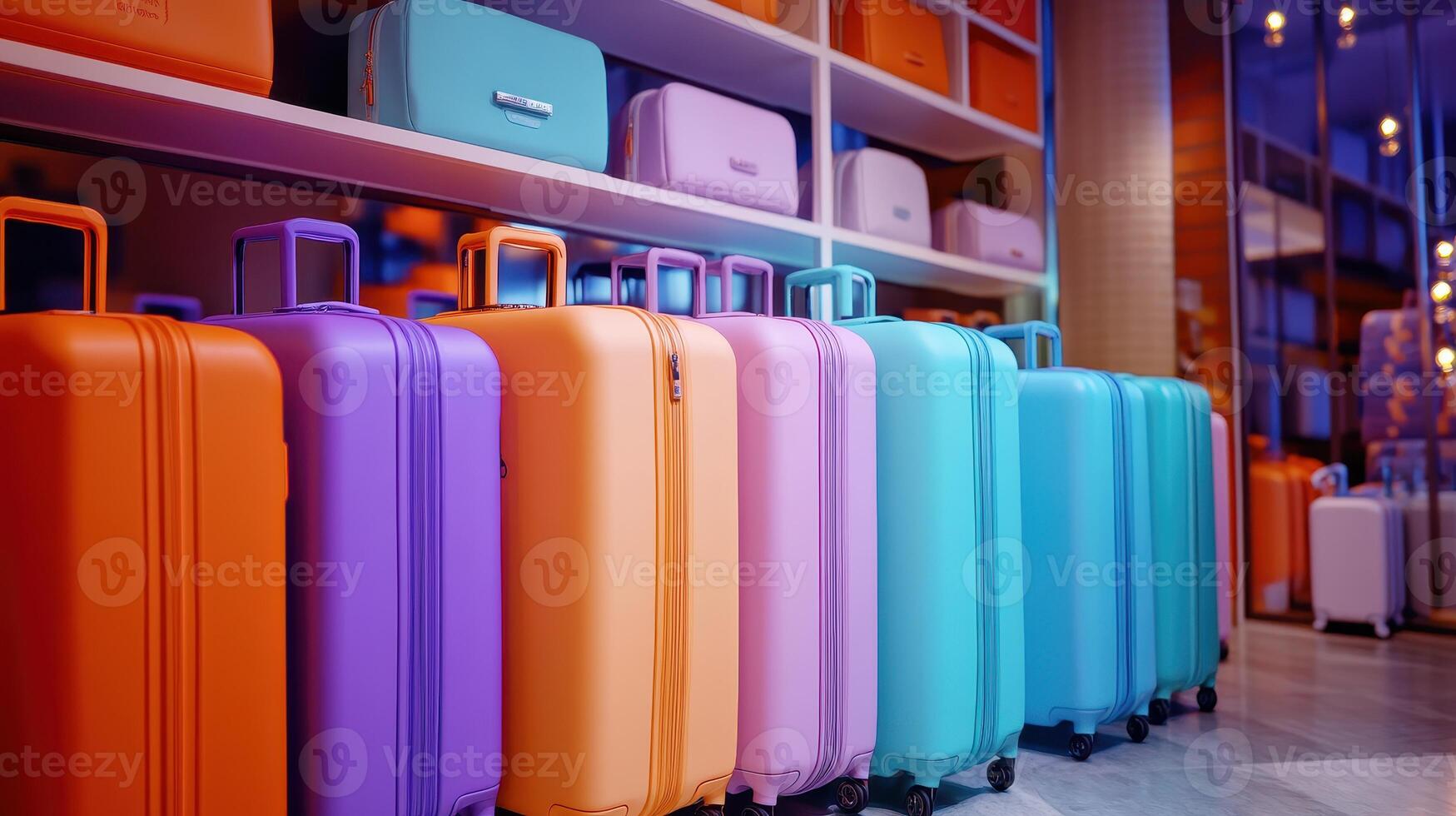 Colorful Luggage Displayed Neatly On Shelves In A Modern Travel Store photo