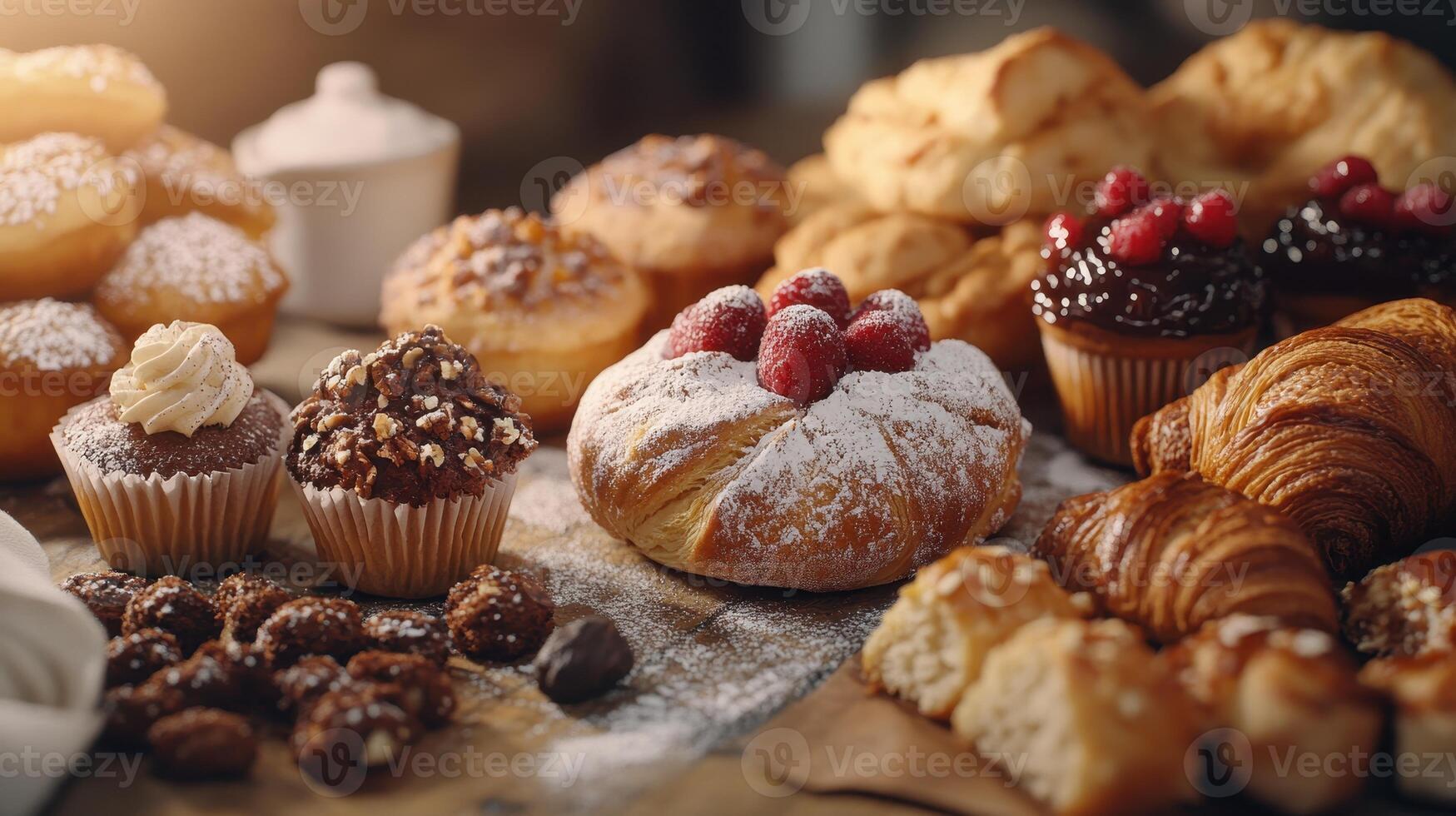 Assorted Baked Goods Displayed on Rustic Wooden Table With Natural Light During Morning photo