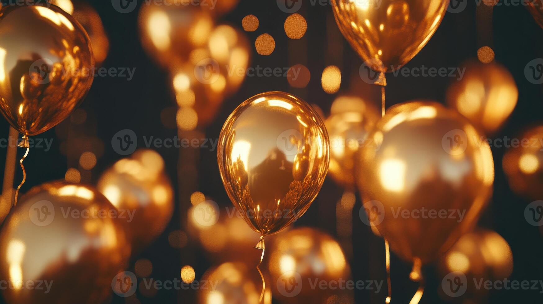 Festive Celebration Featuring Shiny Golden Balloons Illuminated by Evening Lights at a Beautiful Event photo