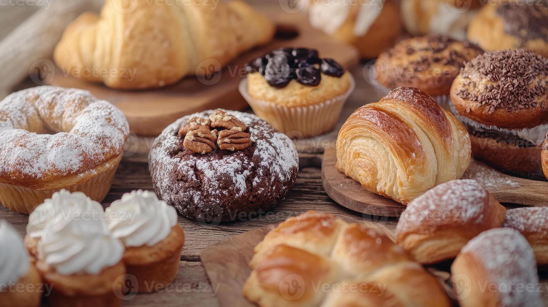 Assorted Pastries and Baked Goods Displayed on Wooden Plates at a Cozy Bakery During Morning Hours photo