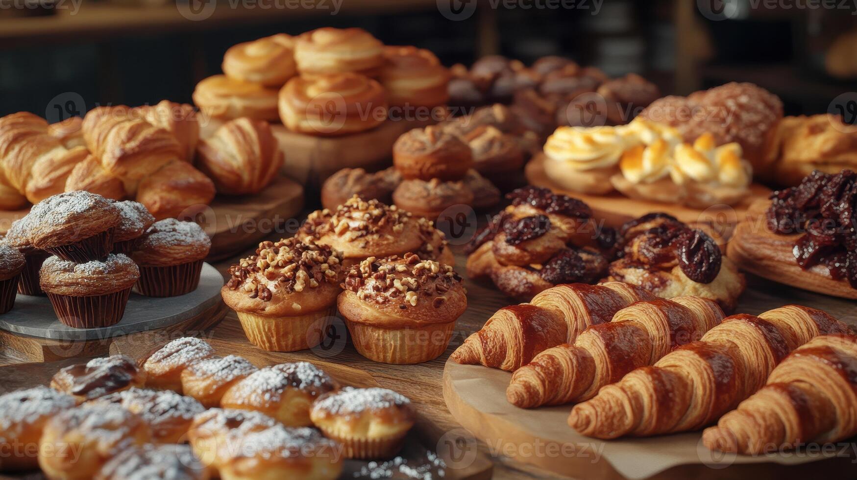 Assortment Of Freshly Baked Pastries Displayed On Wooden Platters In Cozy Bakery During Morning Hours photo