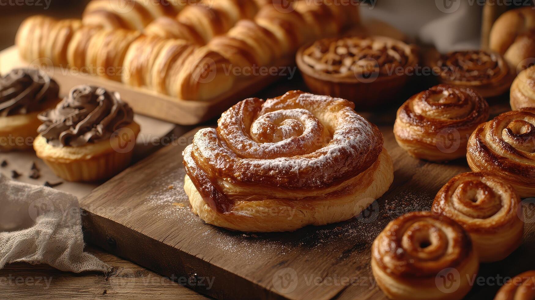 Freshly Baked Pastries Displayed on Wooden Table in Cozy Bakery Setting Early Morning photo