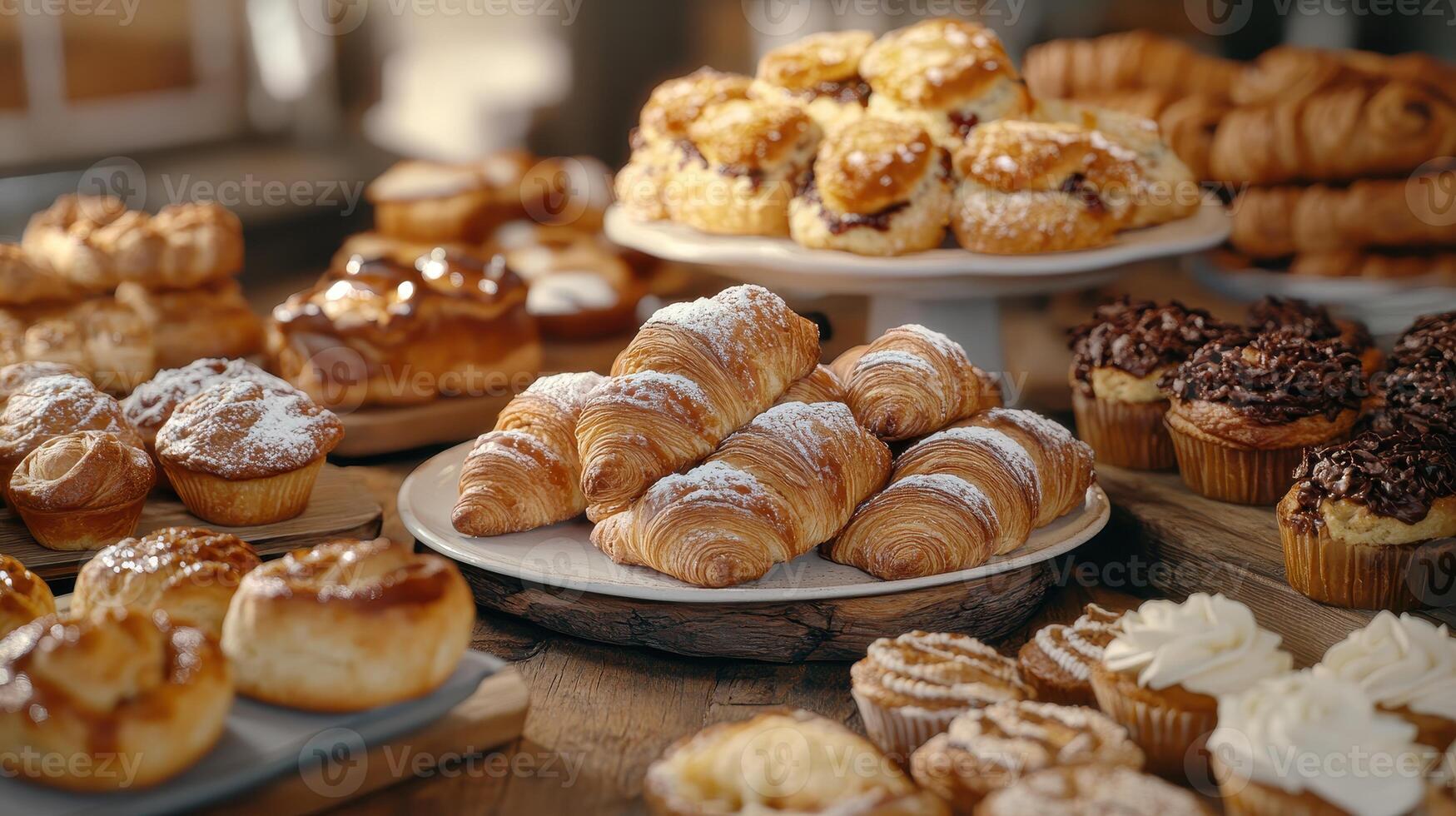 A Colorful Display of Freshly Baked Pastries in a Rustic Bakery Setting photo