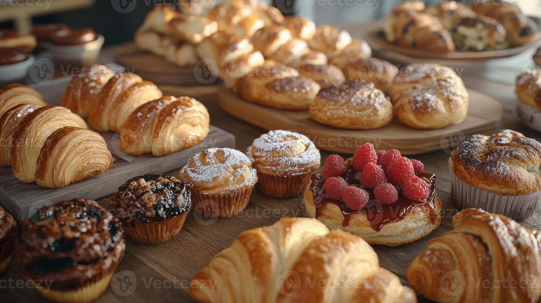Assortment of Freshly Baked Pastries Displayed on Wooden Tables in a Cozy Bakery Interior photo