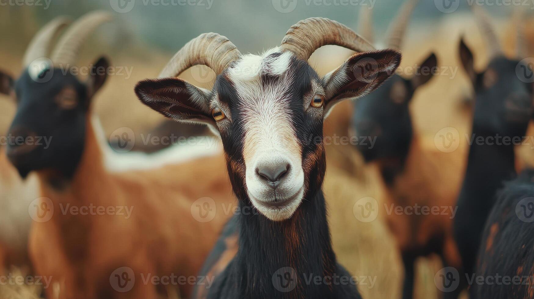 Content Goats Grazing in a Sunny Field During Late Afternoon in Autumn photo
