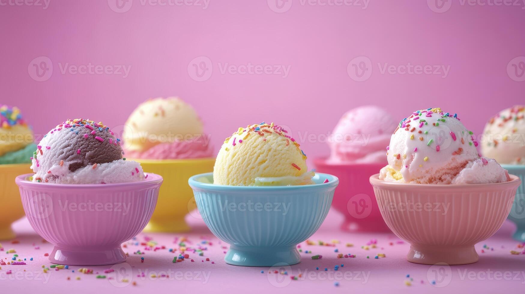 Colorful Bowls of Ice Cream With Sprinkles on a Pink Background in Bright Afternoon Light photo